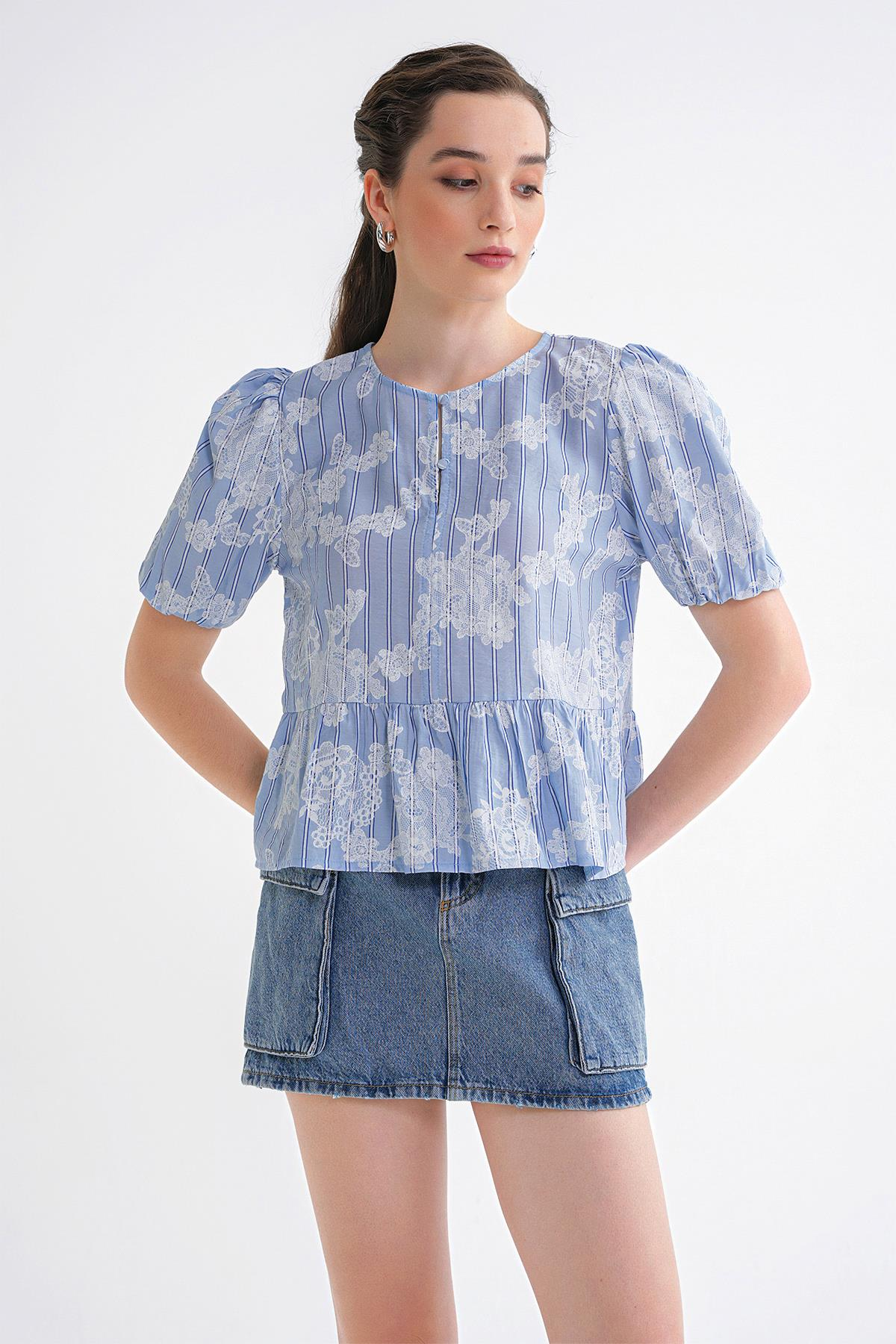 4701 Kadın Çiçek Baskılı Peplum Bluz Mavi