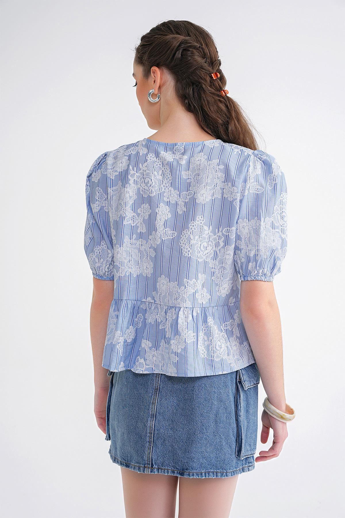 4701 Kadın Çiçek Baskılı Peplum Bluz Mavi