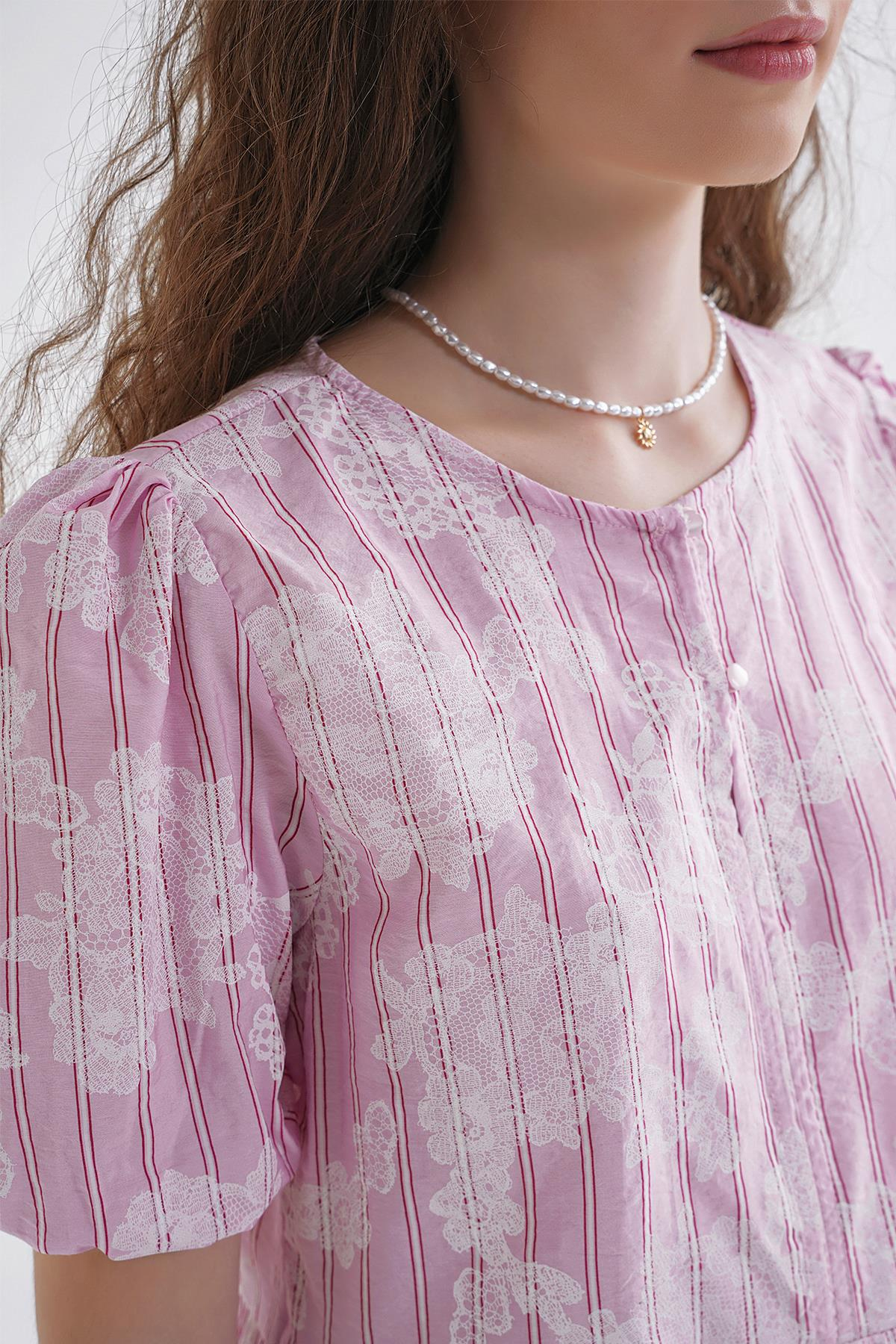 4701 Kadın Çiçek Baskılı Peplum Bluz Pembe