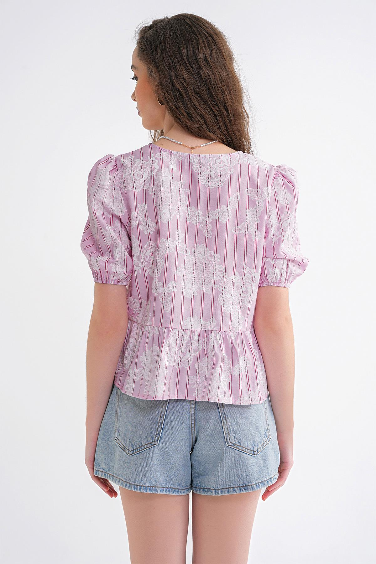 4701 Kadın Çiçek Baskılı Peplum Bluz Pembe