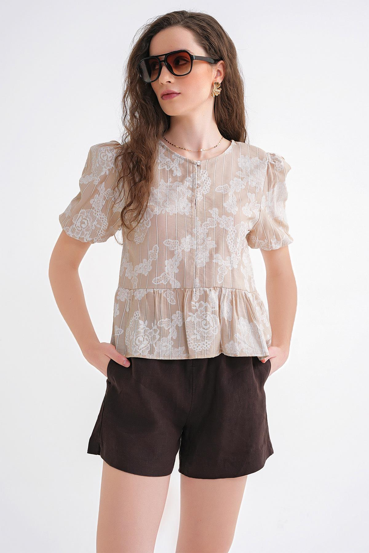 4701 Kadın Çiçek Baskılı Peplum Bluz Taş