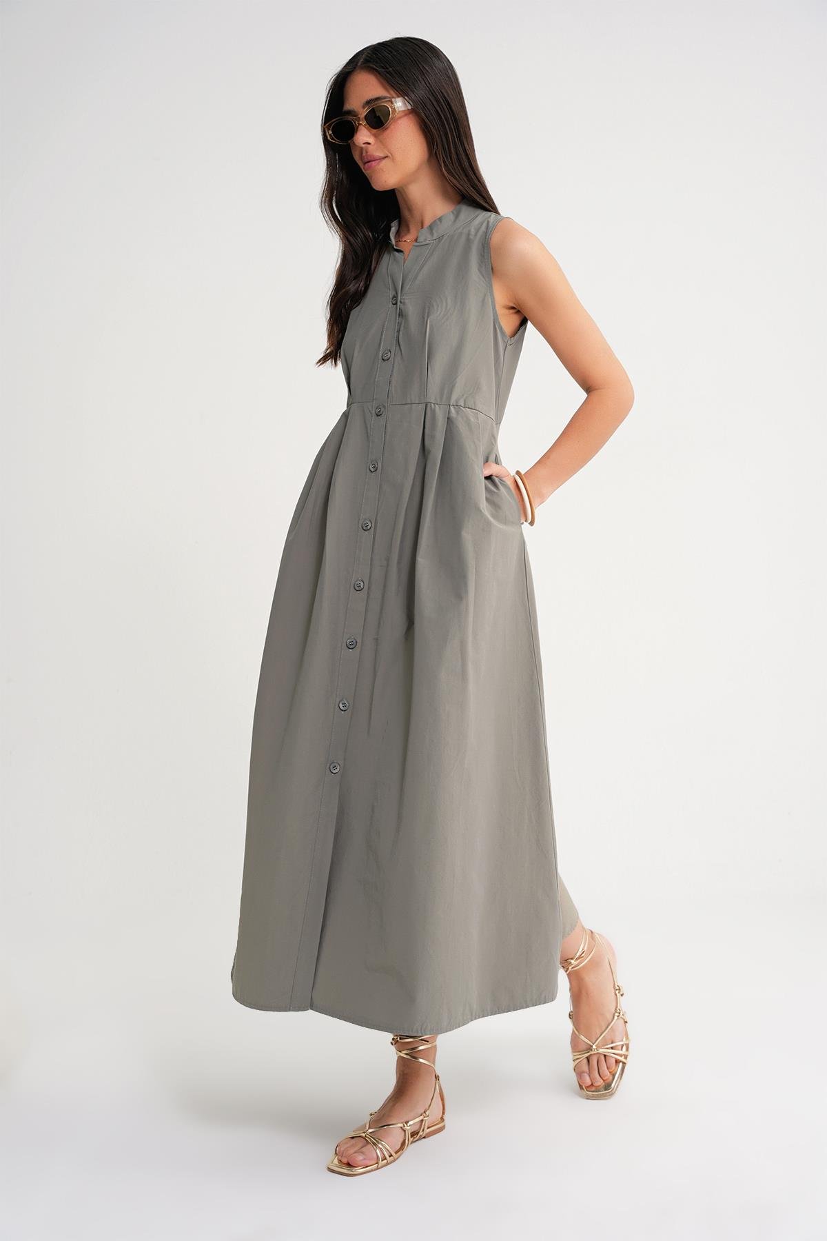 4702 Kadın Pileli Gömlek Elbise Haki