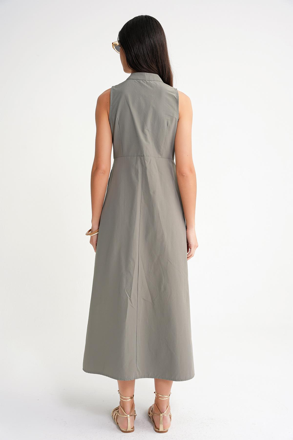 4702 Kadın Pileli Gömlek Elbise Haki