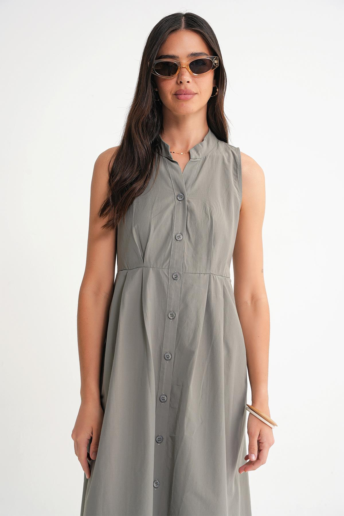 4702 Kadın Pileli Gömlek Elbise Haki