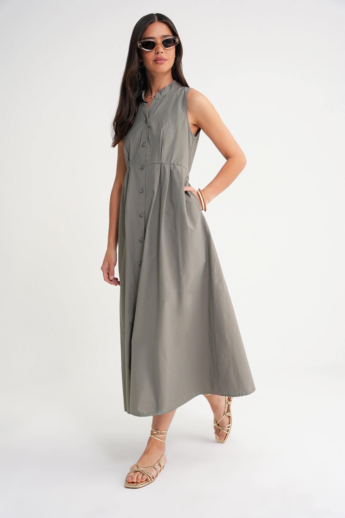 4702 Kadın Pileli Gömlek Elbise Haki