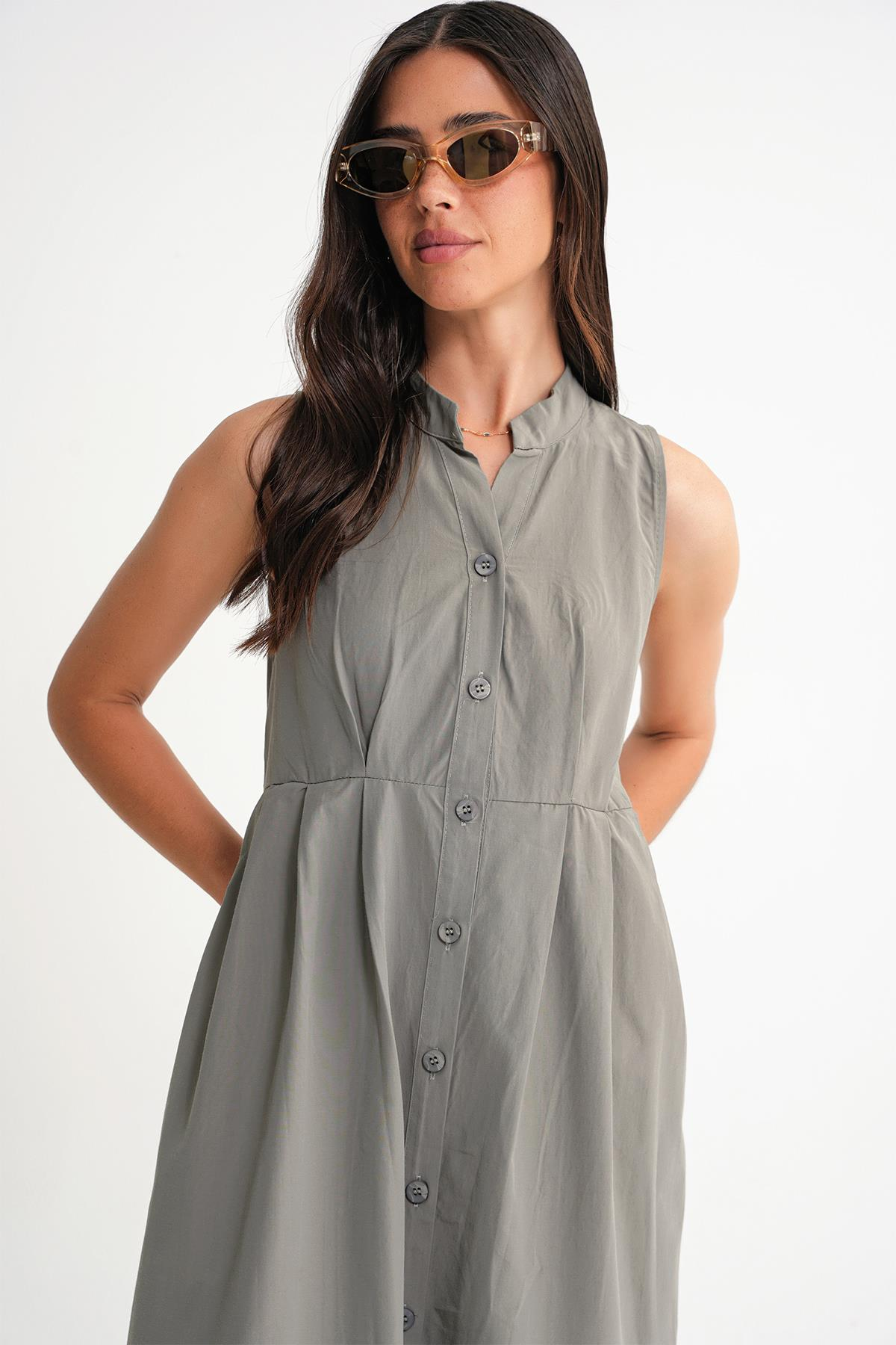 4702 Kadın Pileli Gömlek Elbise Haki