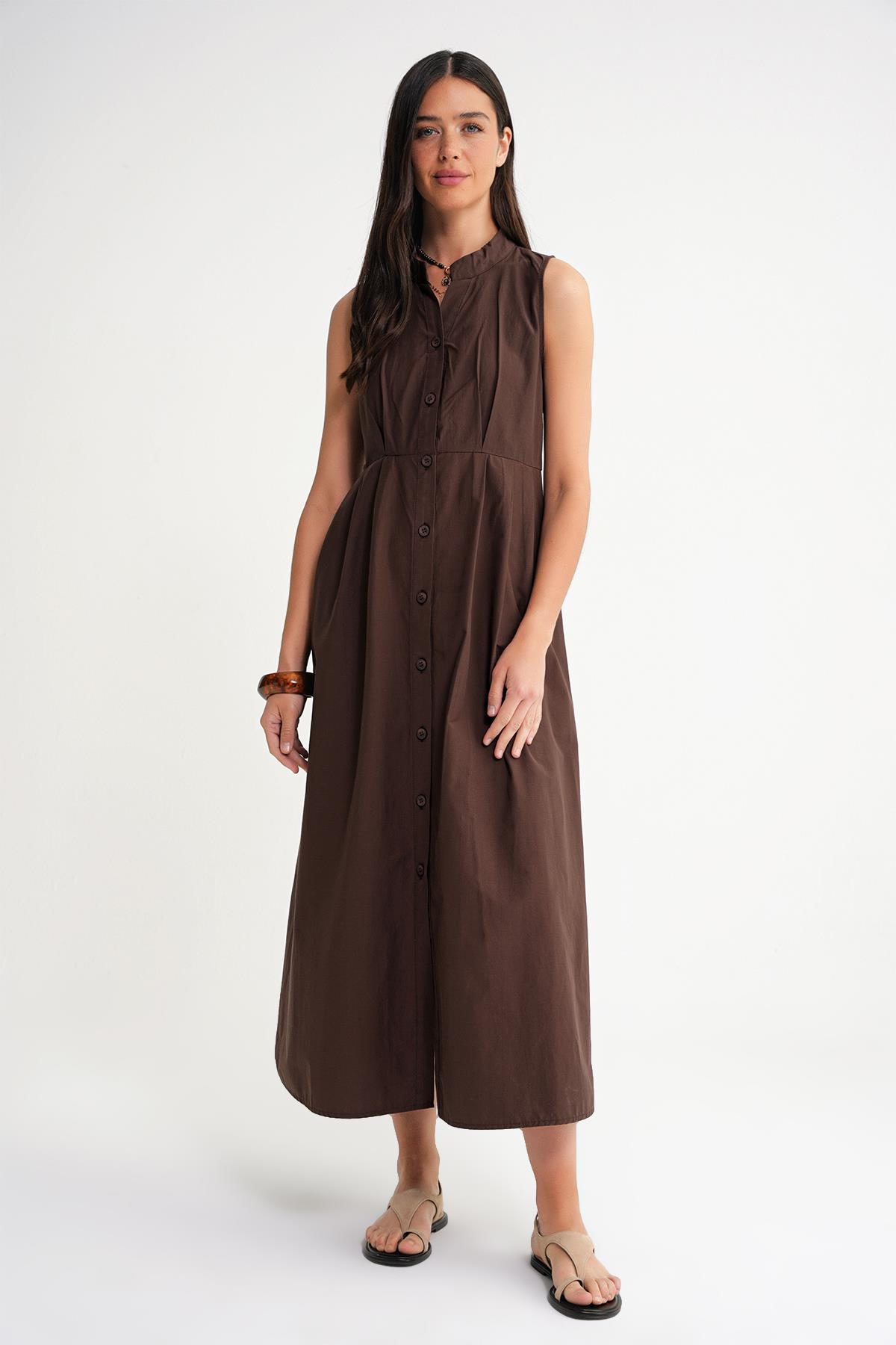 4702 Kadın Pileli Gömlek Elbise Kahve