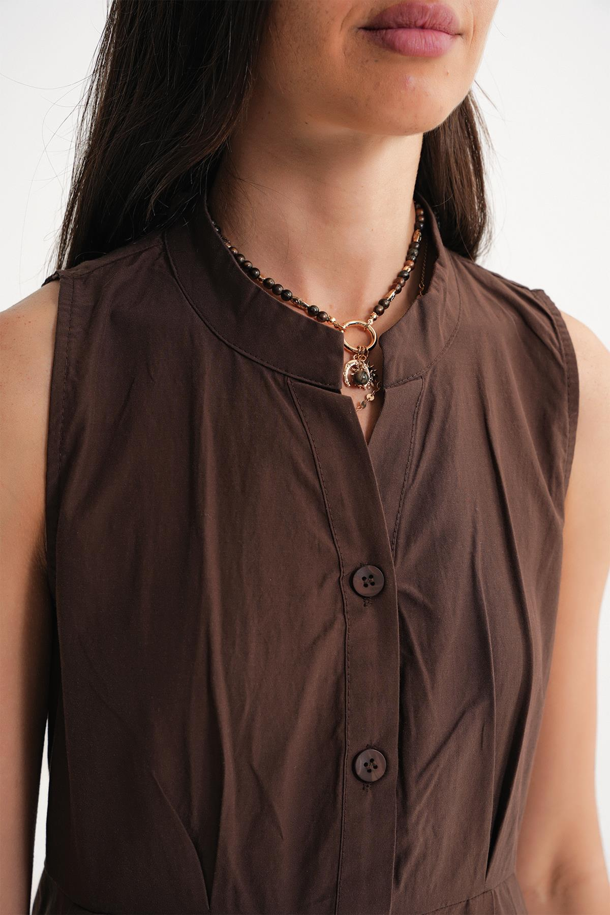 4702 Kadın Pileli Gömlek Elbise Kahve