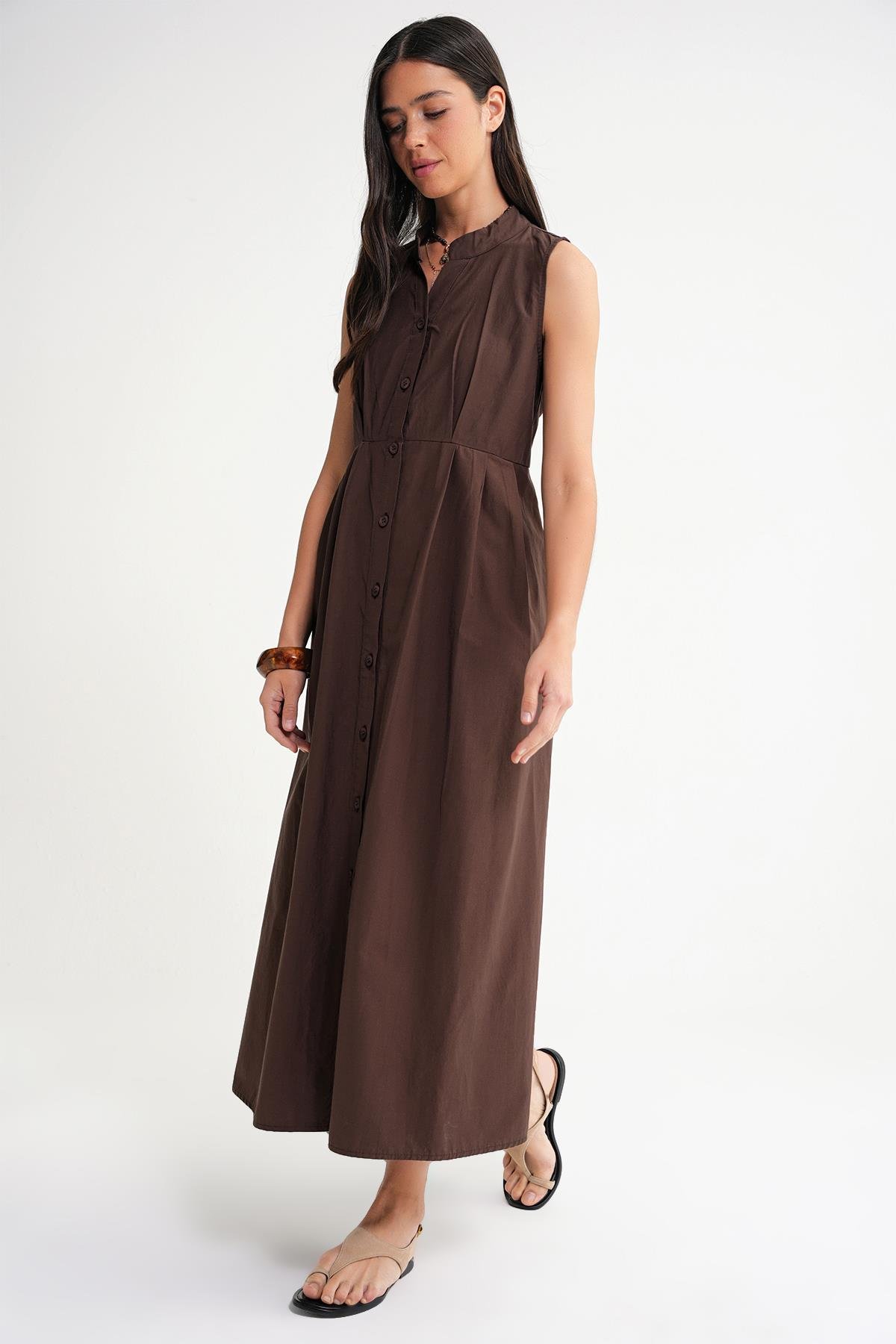 4702 Kadın Pileli Gömlek Elbise Kahve