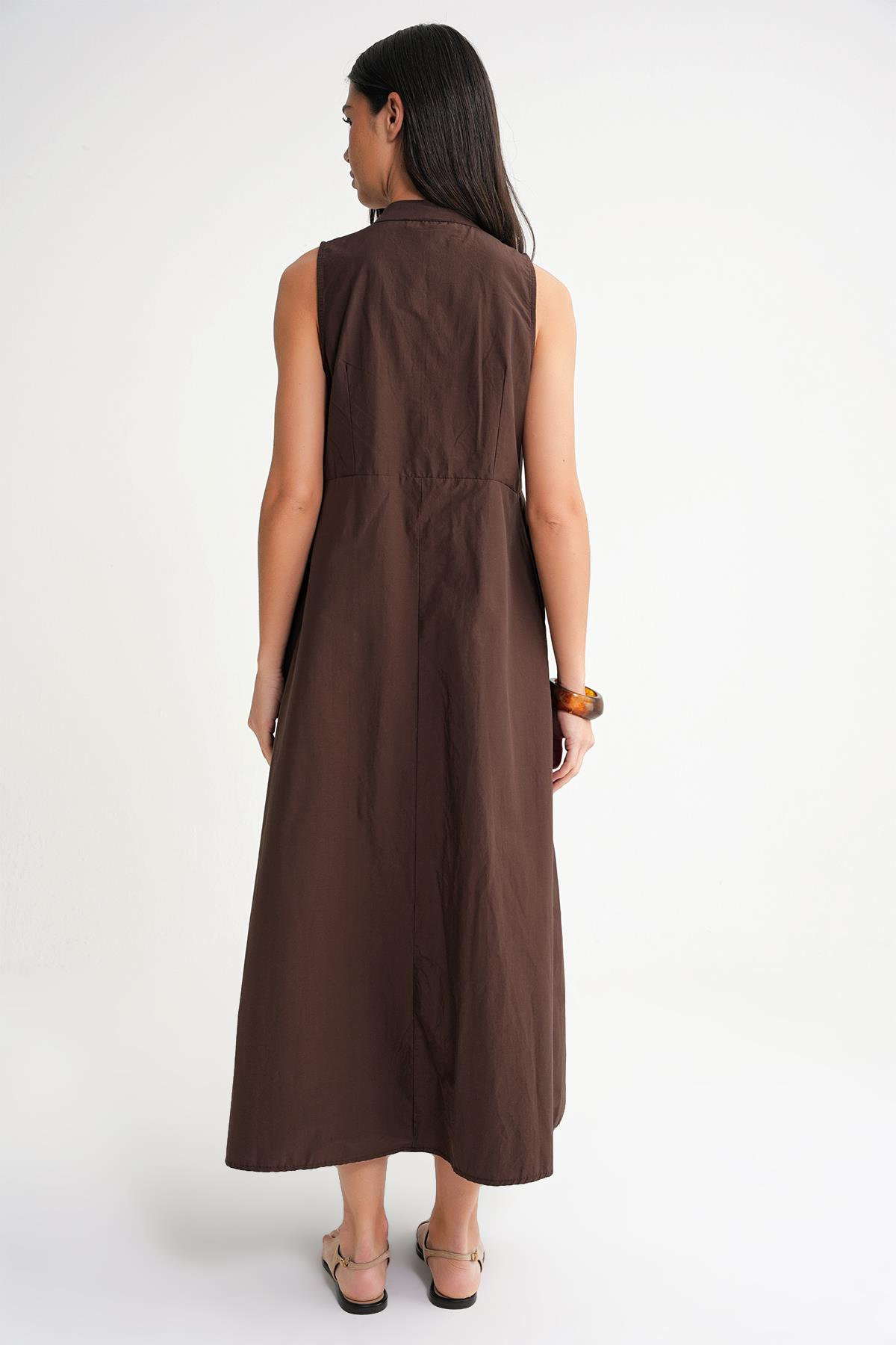 4702 Kadın Pileli Gömlek Elbise Kahve