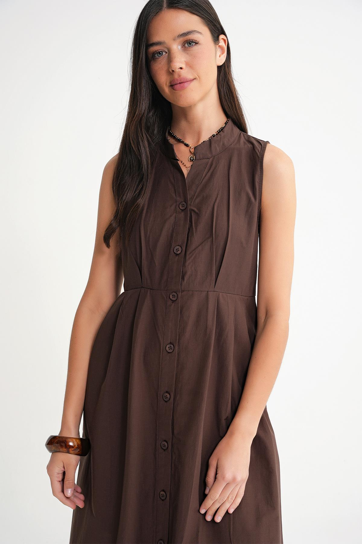 4702 Kadın Pileli Gömlek Elbise Kahve