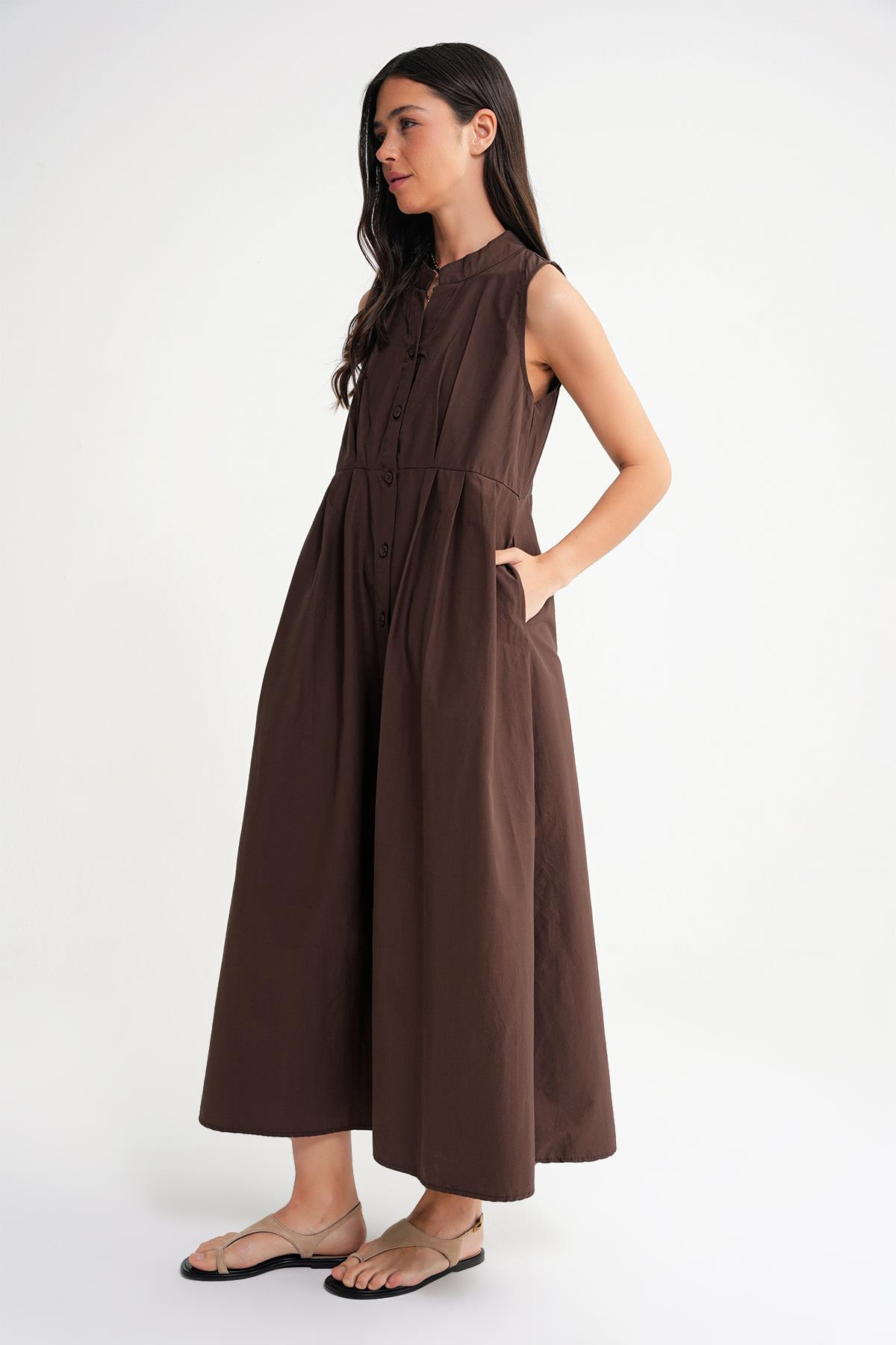 4702 Kadın Pileli Gömlek Elbise Kahve