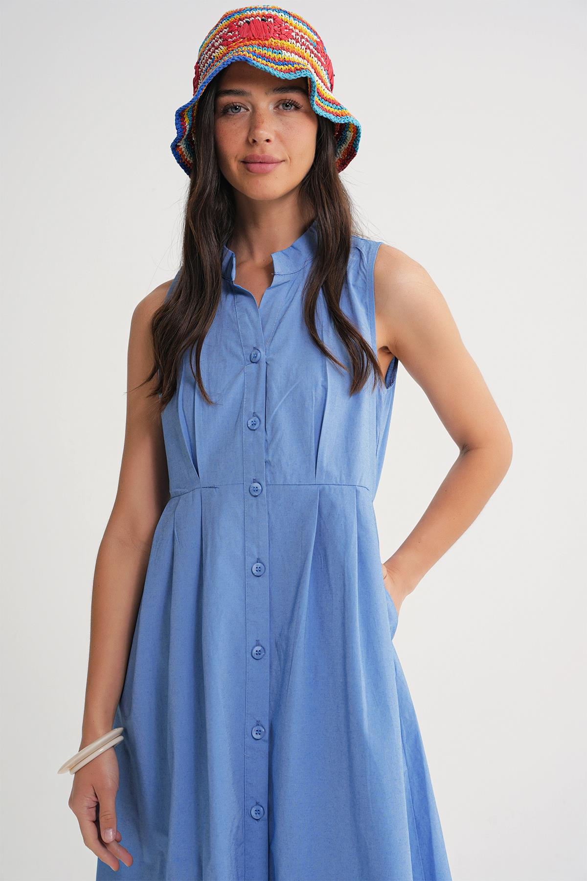 4702 Kadın Pileli Gömlek Elbise Mavi