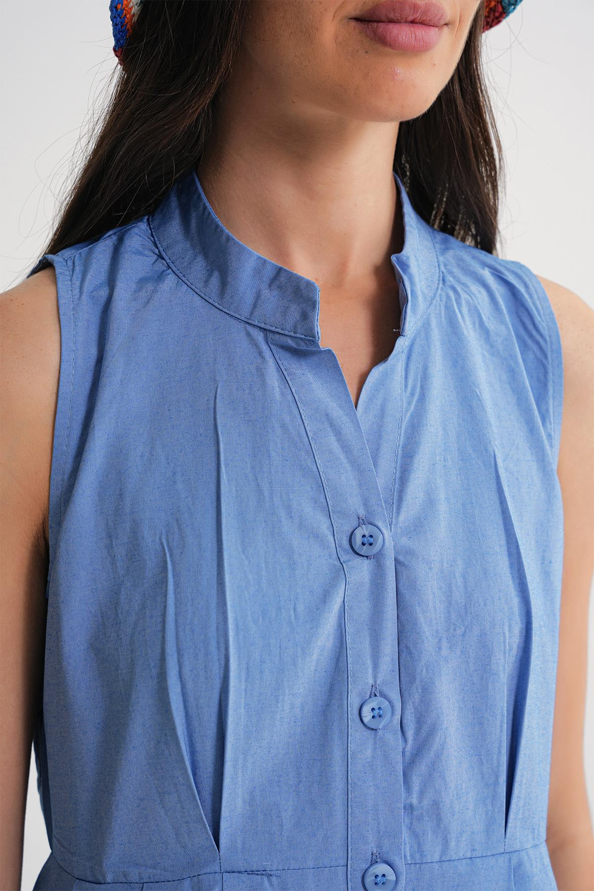 4702 Kadın Pileli Gömlek Elbise Mavi