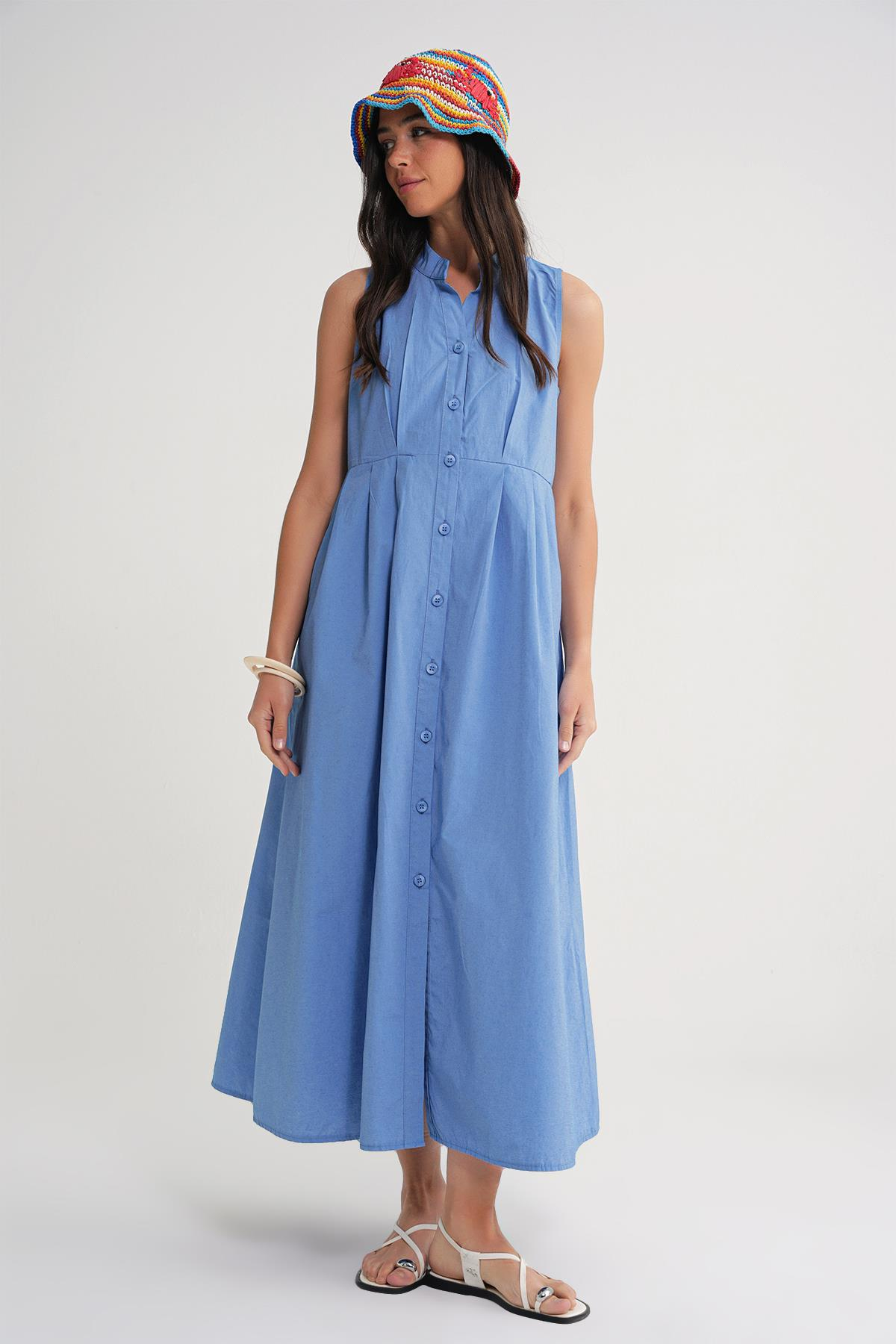 4702 Kadın Pileli Gömlek Elbise Mavi