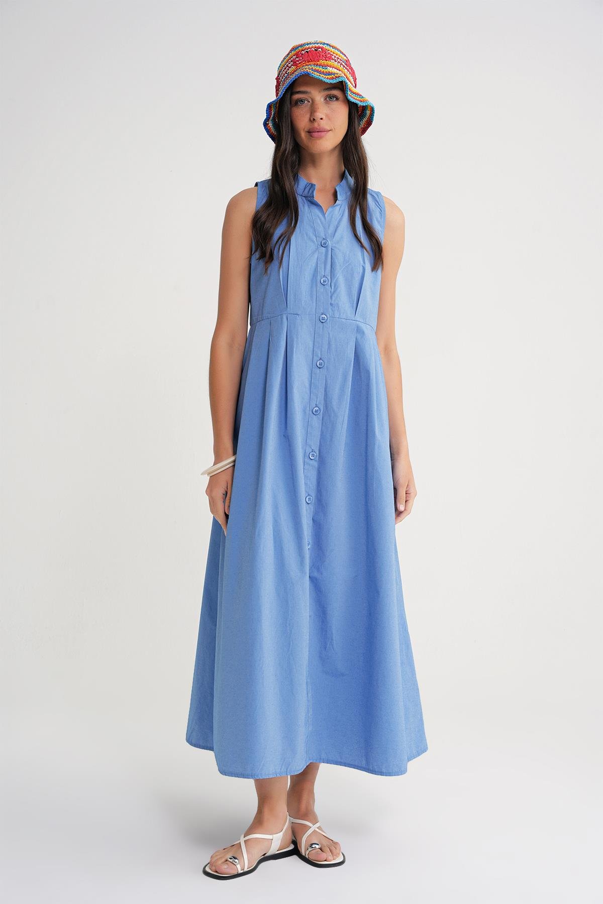 4702 Kadın Pileli Gömlek Elbise Mavi