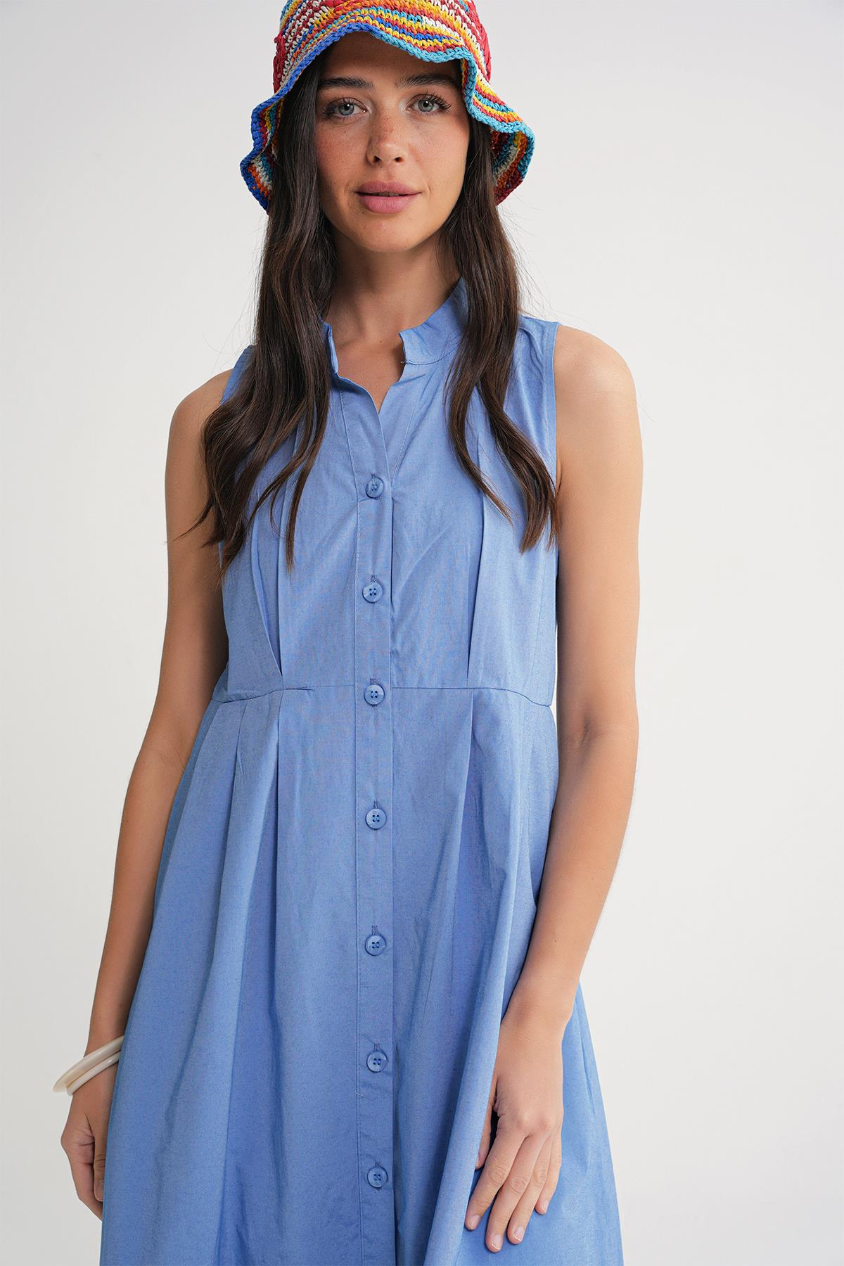 4702 Kadın Pileli Gömlek Elbise Mavi