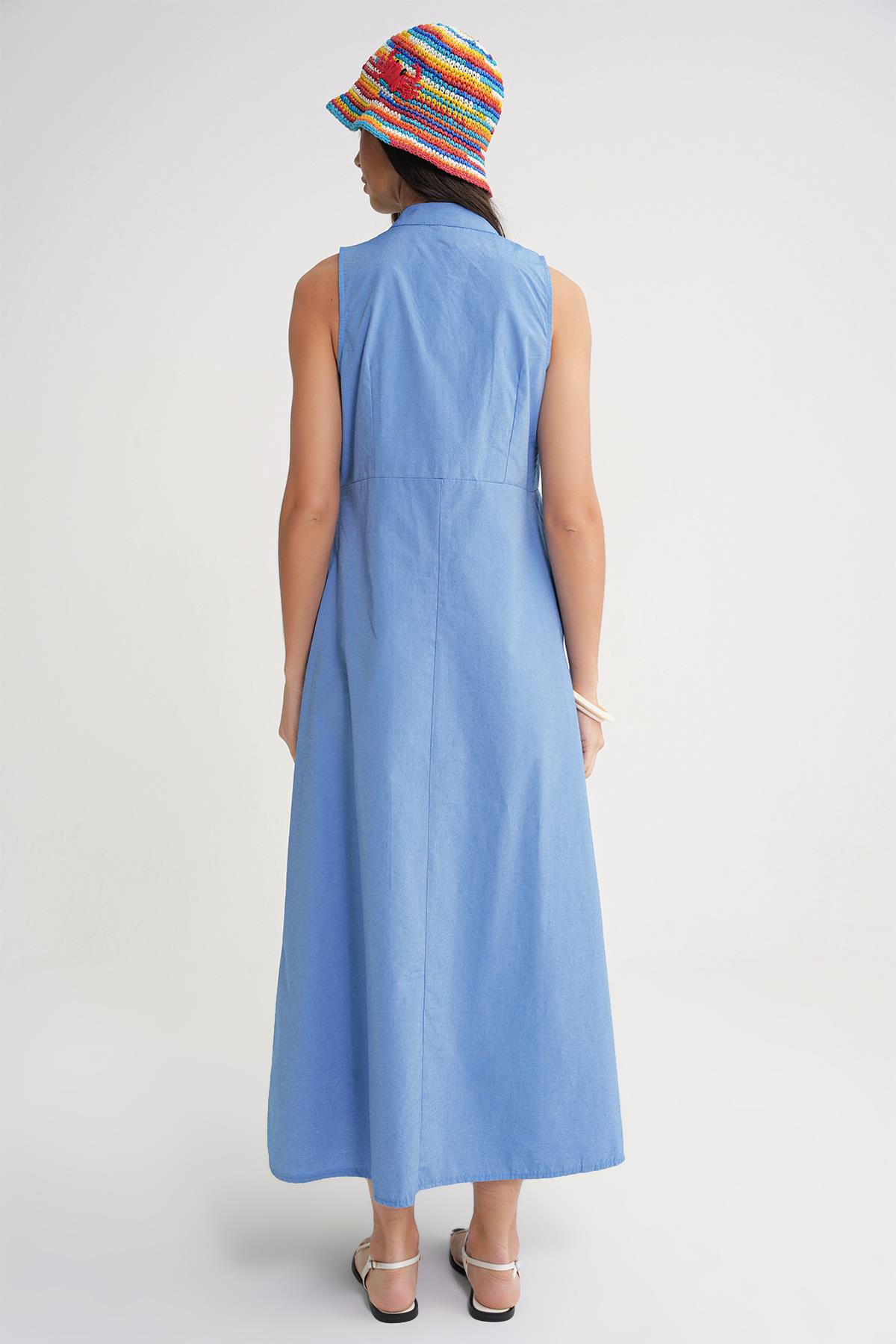 4702 Kadın Pileli Gömlek Elbise Mavi