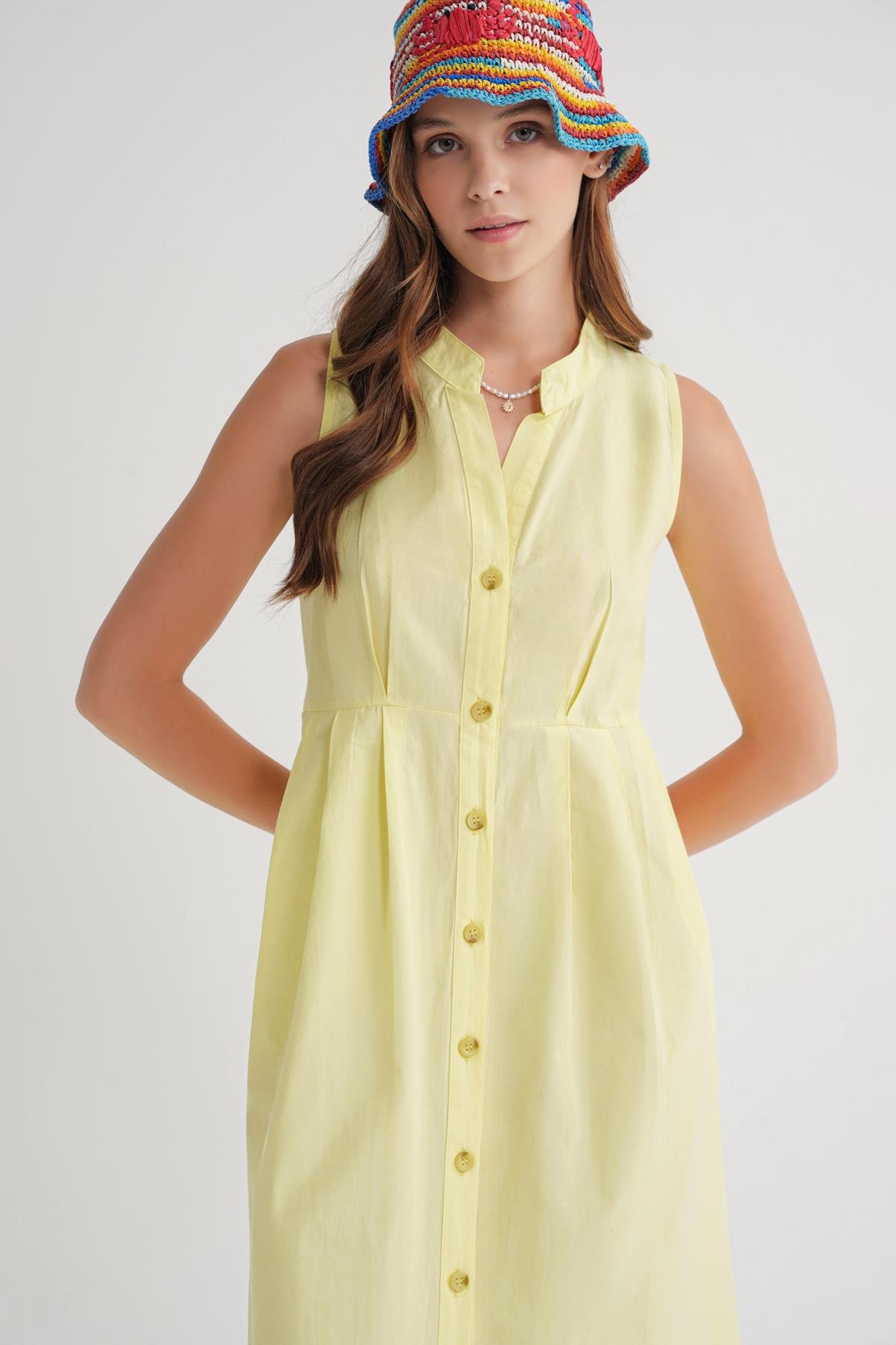 4702 Kadın Pileli Gömlek Elbise Sarı