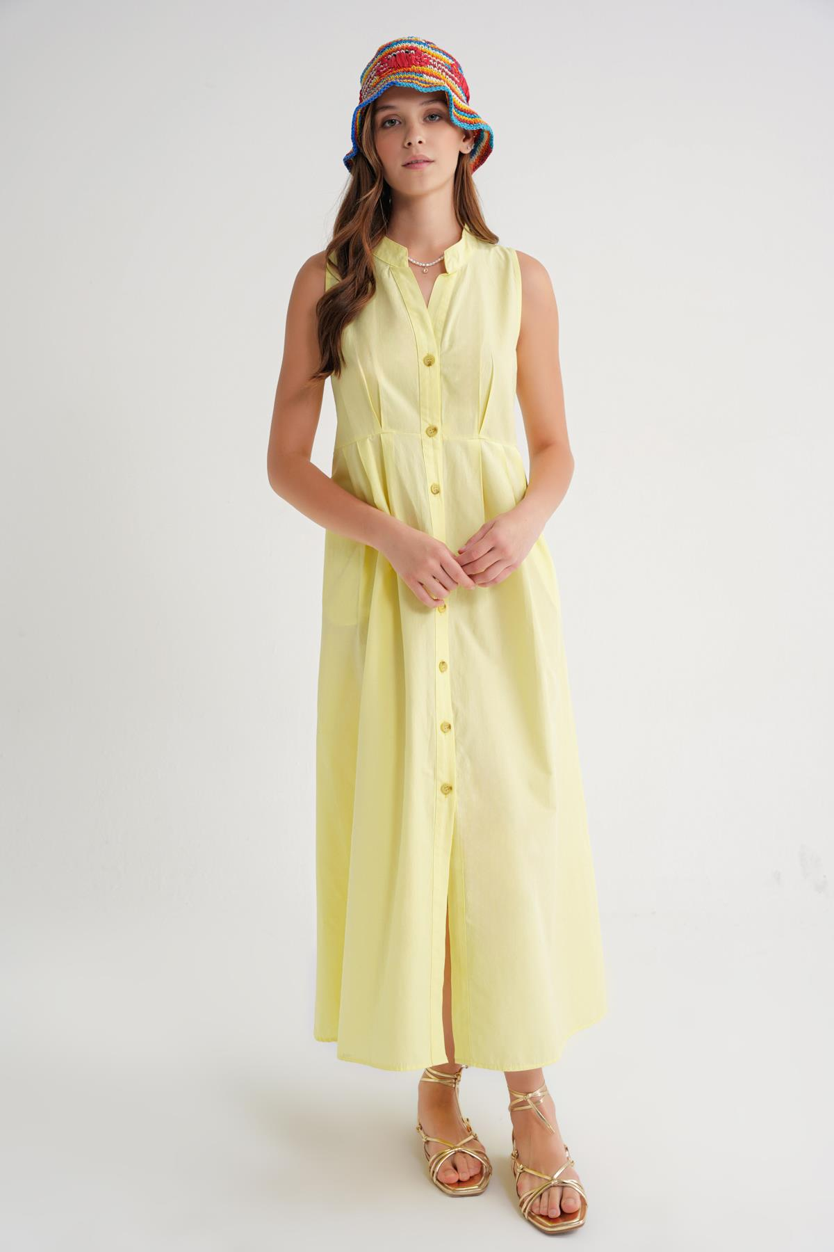 4702 Kadın Pileli Gömlek Elbise Sarı