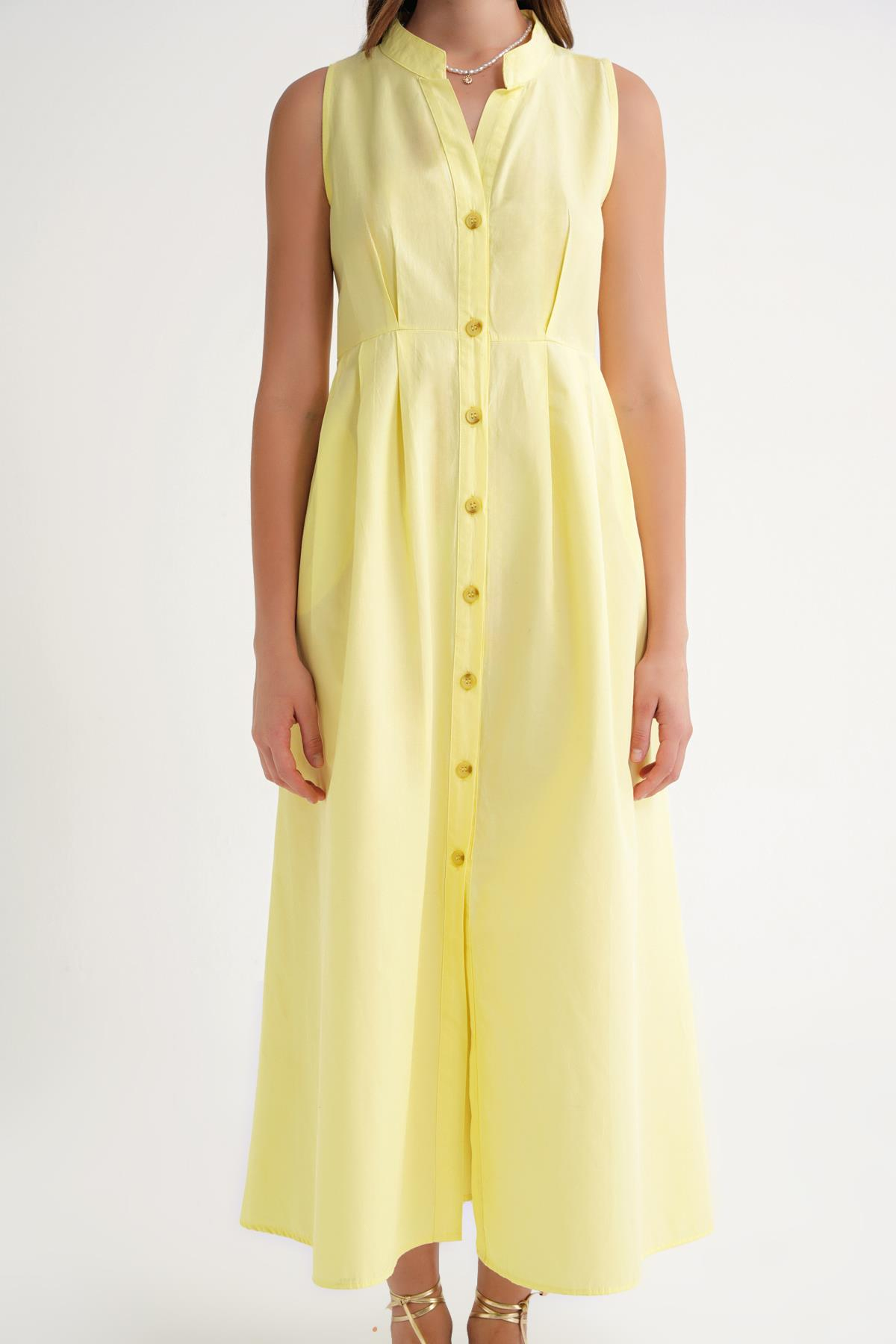 4702 Kadın Pileli Gömlek Elbise Sarı