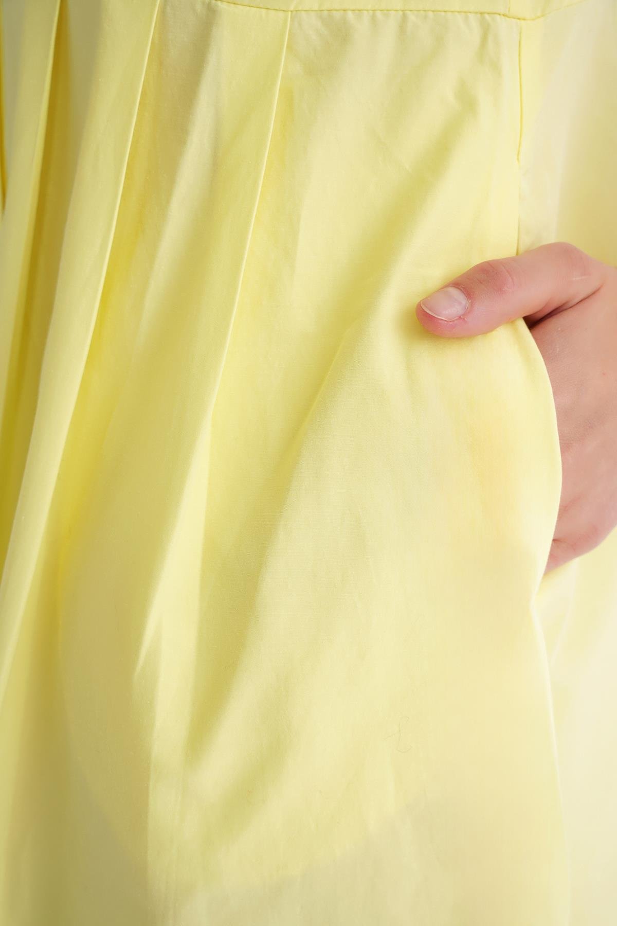 4702 Kadın Pileli Gömlek Elbise Sarı