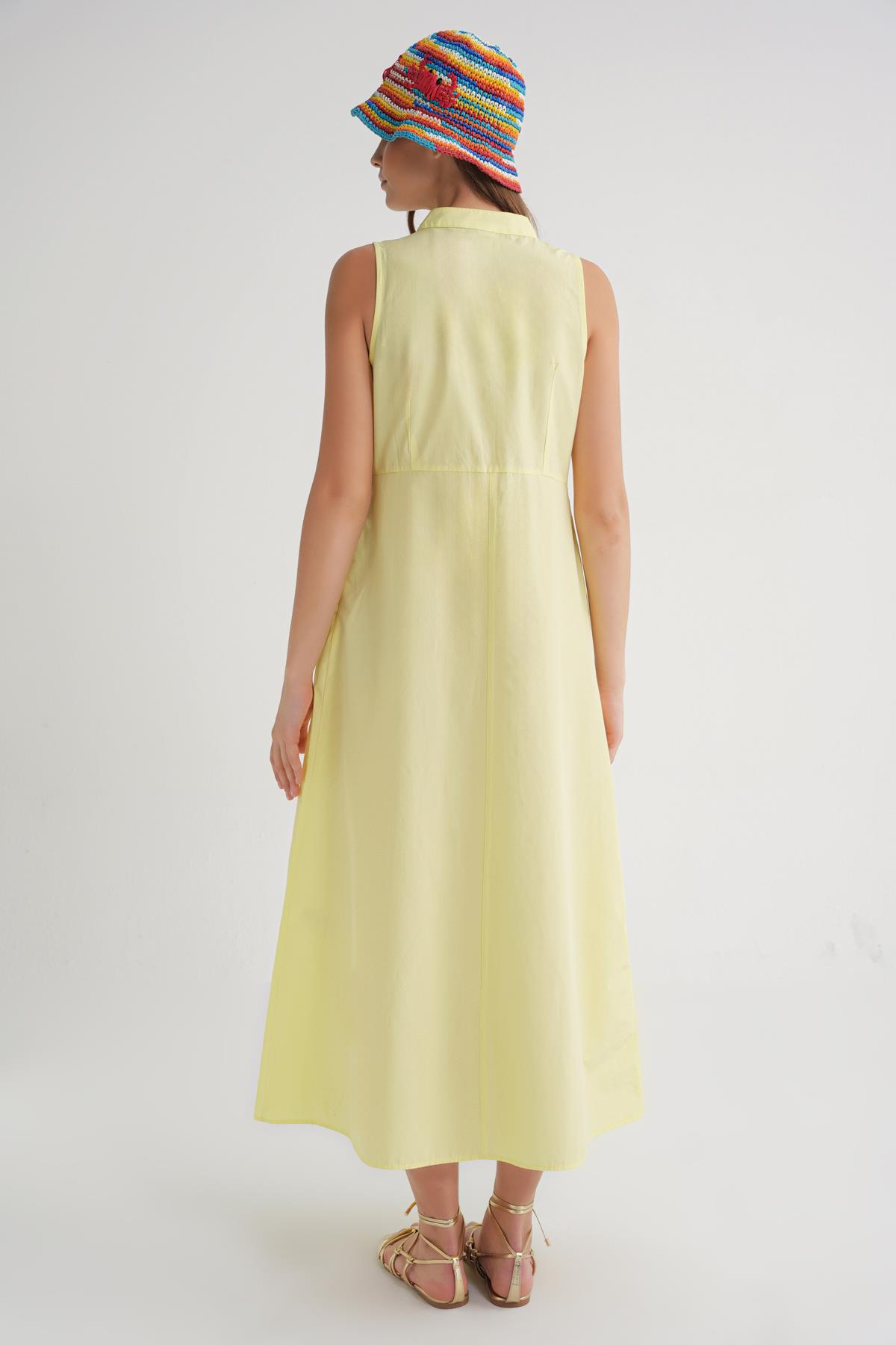 4702 Kadın Pileli Gömlek Elbise Sarı