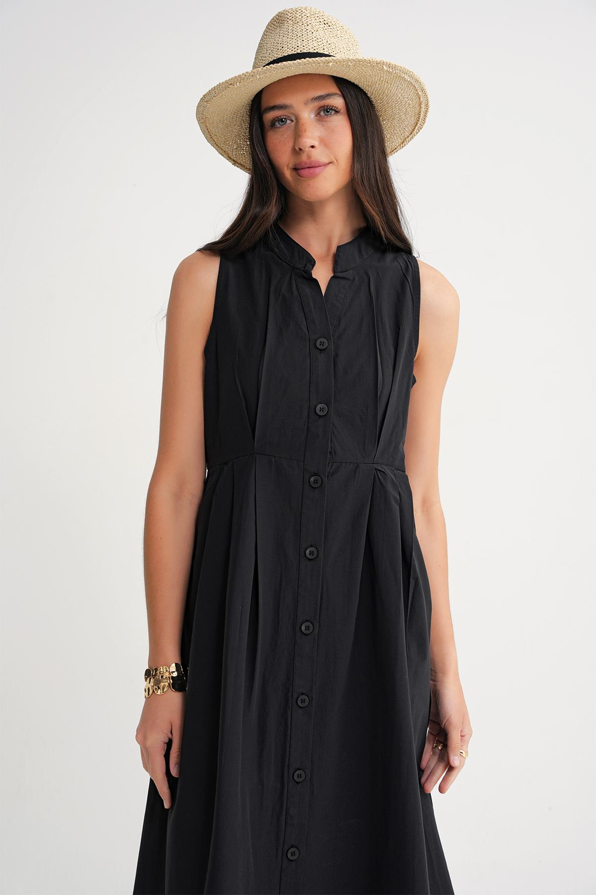 4702 Kadın Pileli Gömlek Elbise Siyah