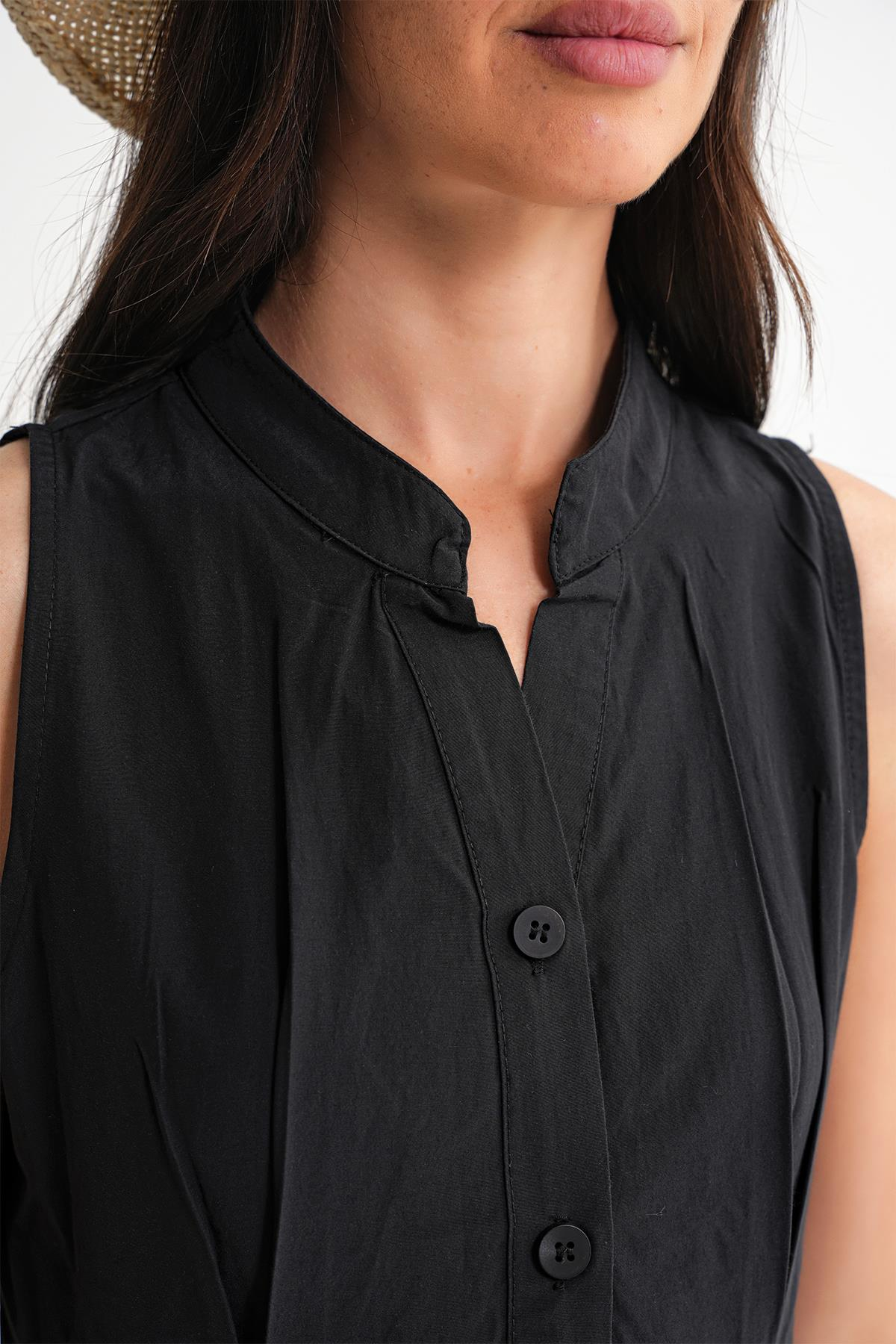 4702 Kadın Pileli Gömlek Elbise Siyah