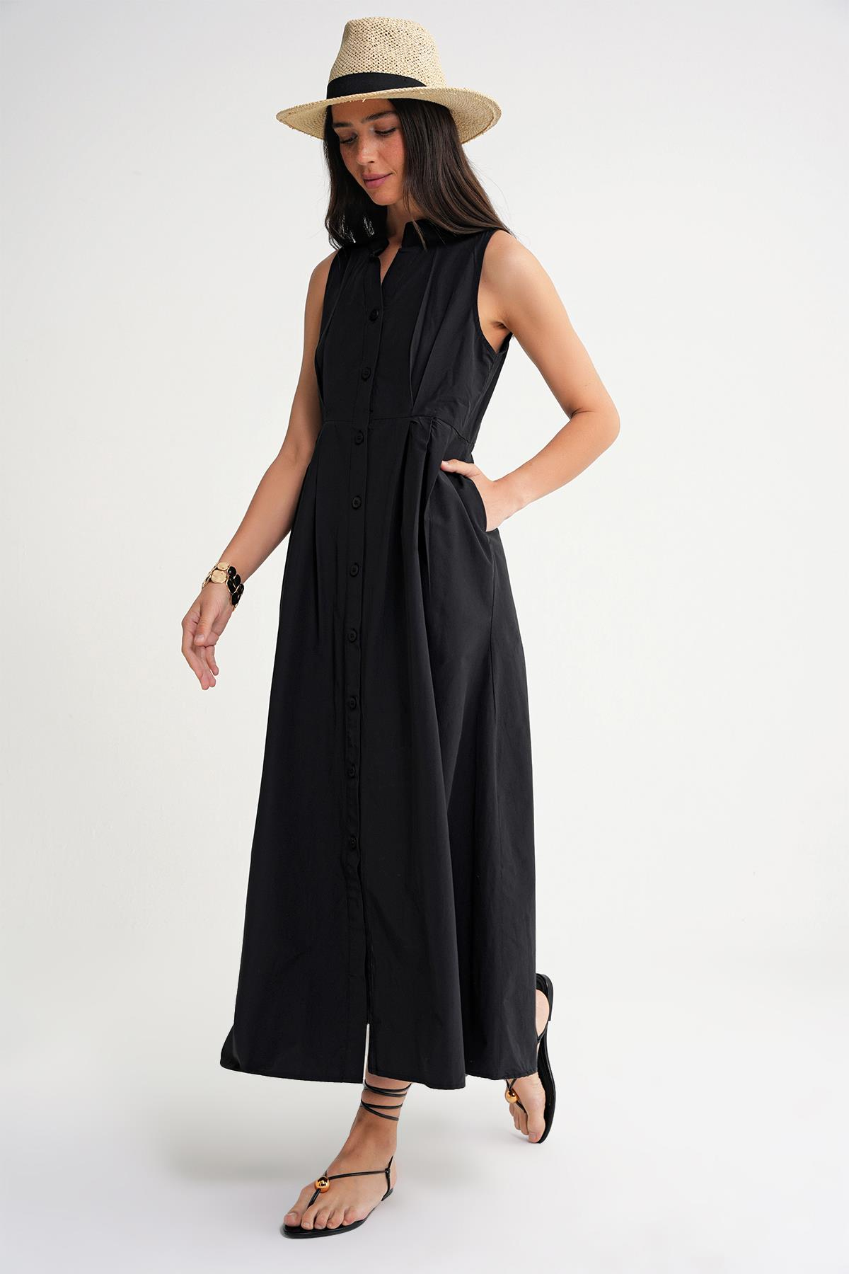 4702 Kadın Pileli Gömlek Elbise Siyah