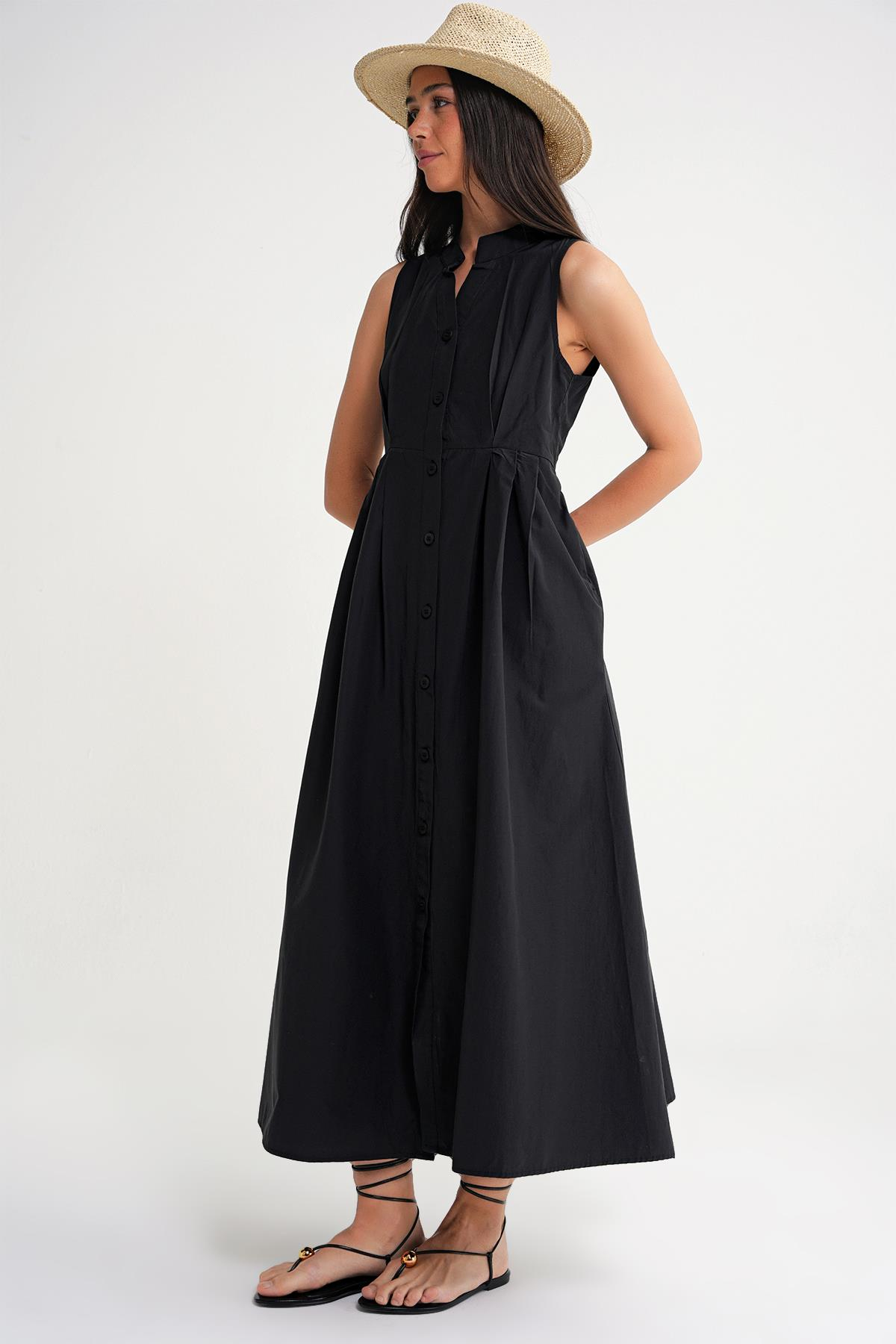 4702 Kadın Pileli Gömlek Elbise Siyah