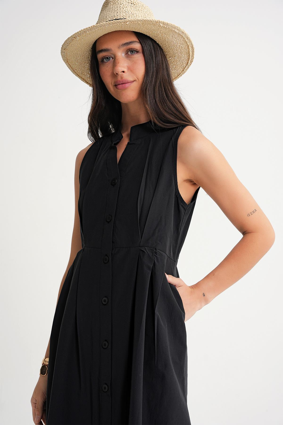 4702 Kadın Pileli Gömlek Elbise Siyah