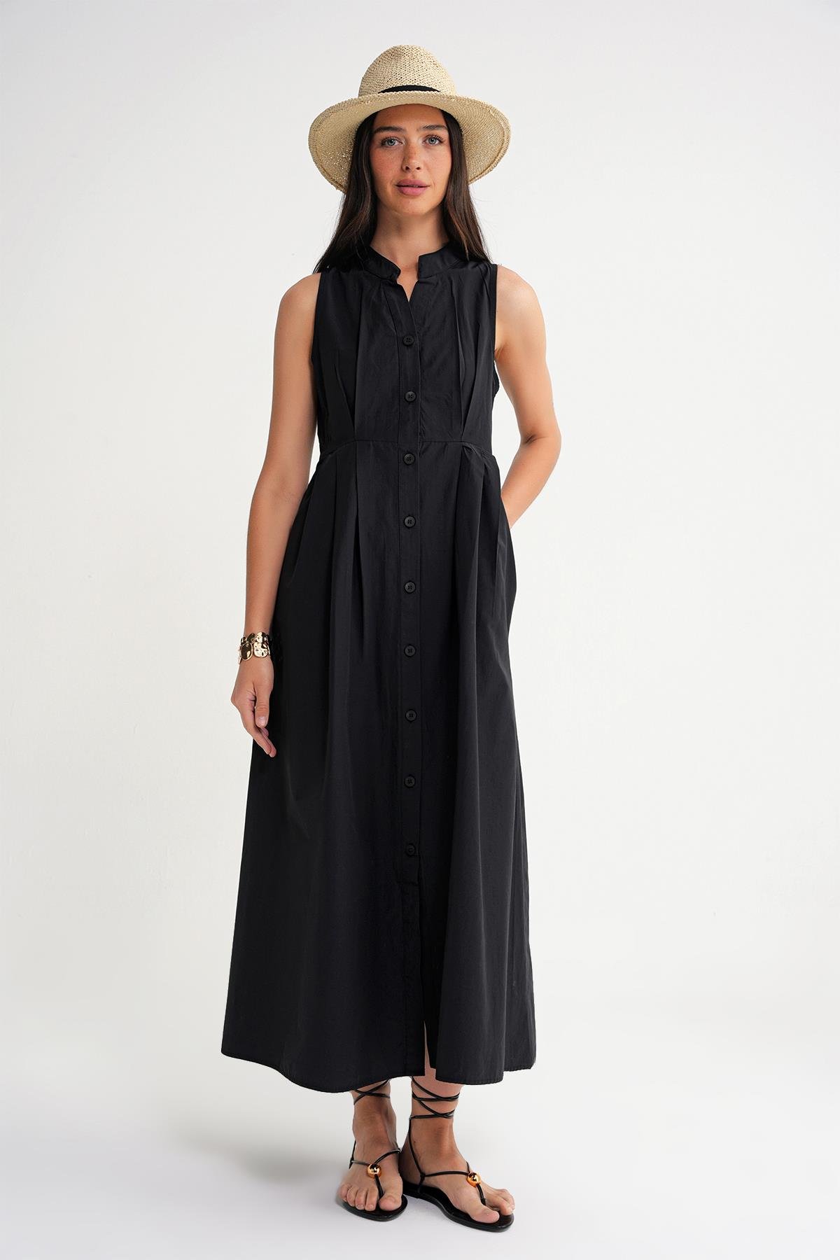 4702 Kadın Pileli Gömlek Elbise Siyah