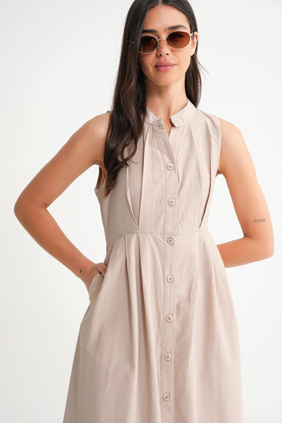 4702 Kadın Pileli Gömlek Elbise Taş