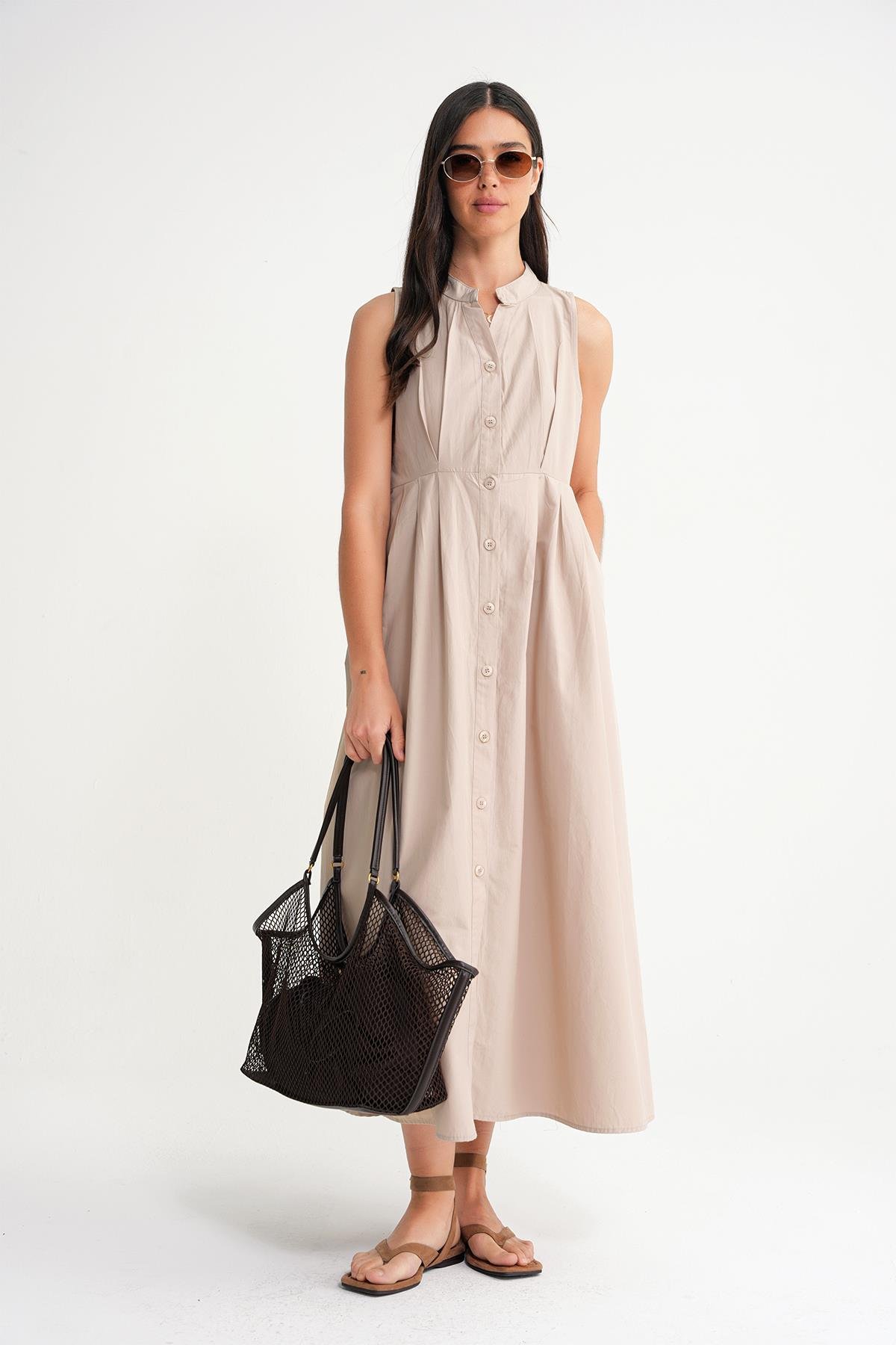 4702 Kadın Pileli Gömlek Elbise Taş