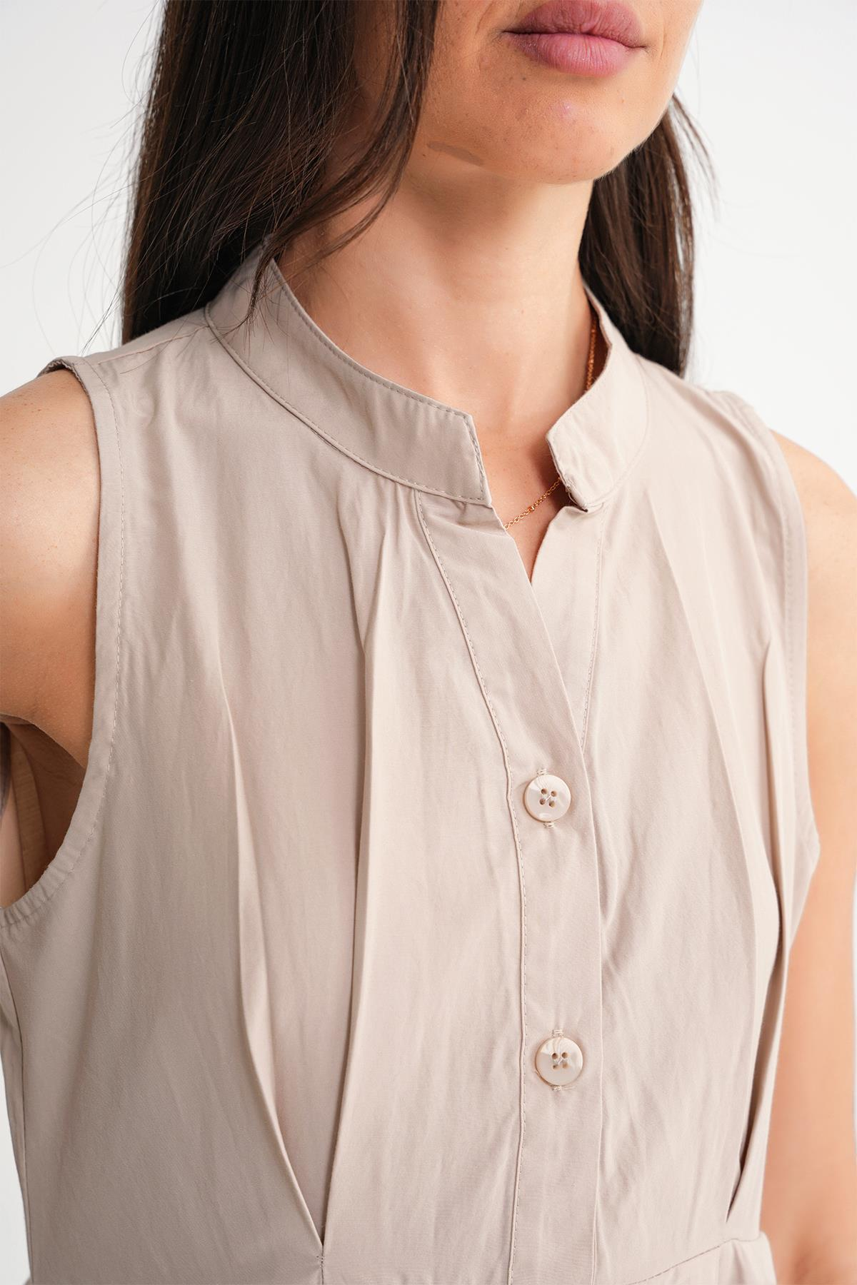 4702 Kadın Pileli Gömlek Elbise Taş