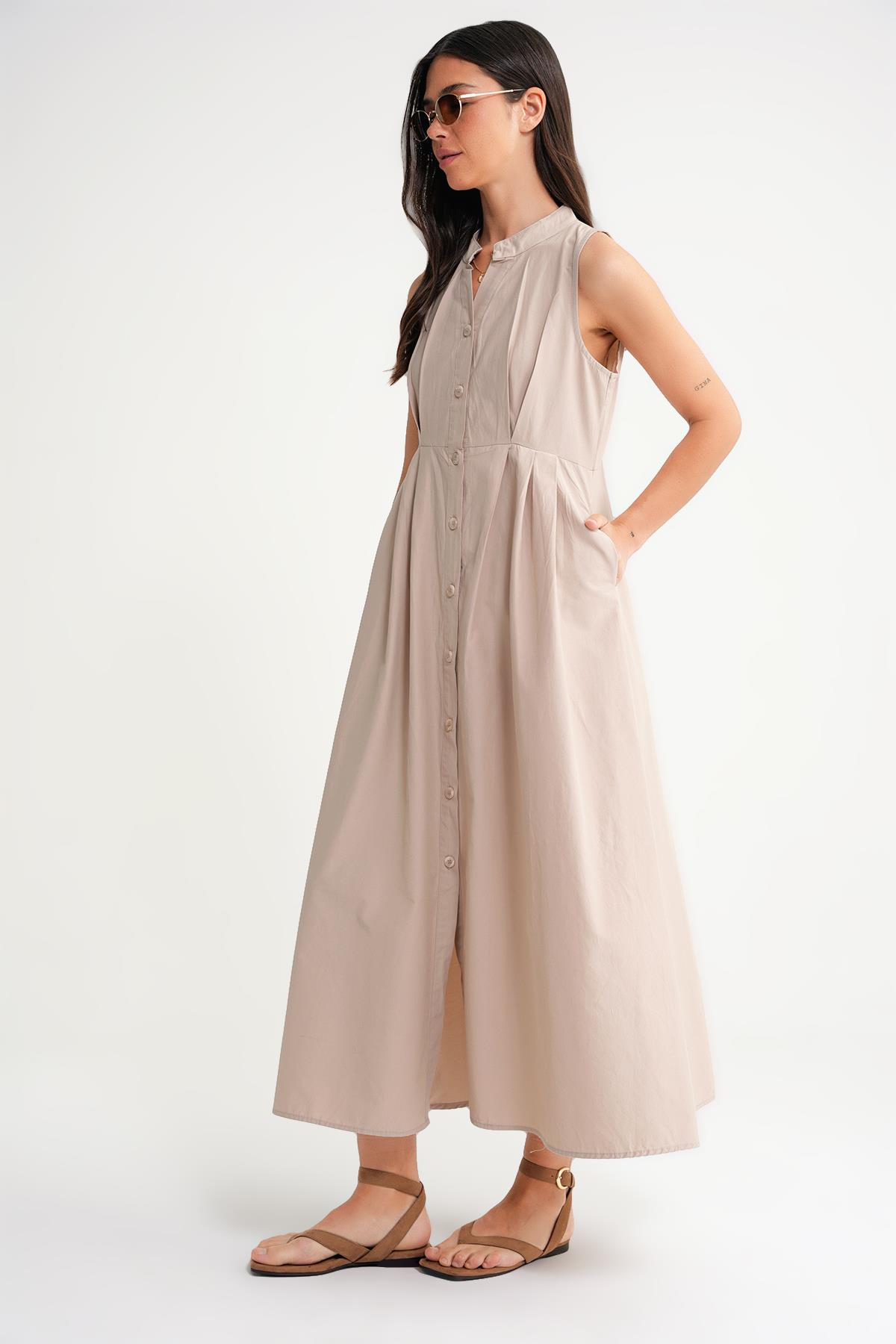 4702 Kadın Pileli Gömlek Elbise Taş