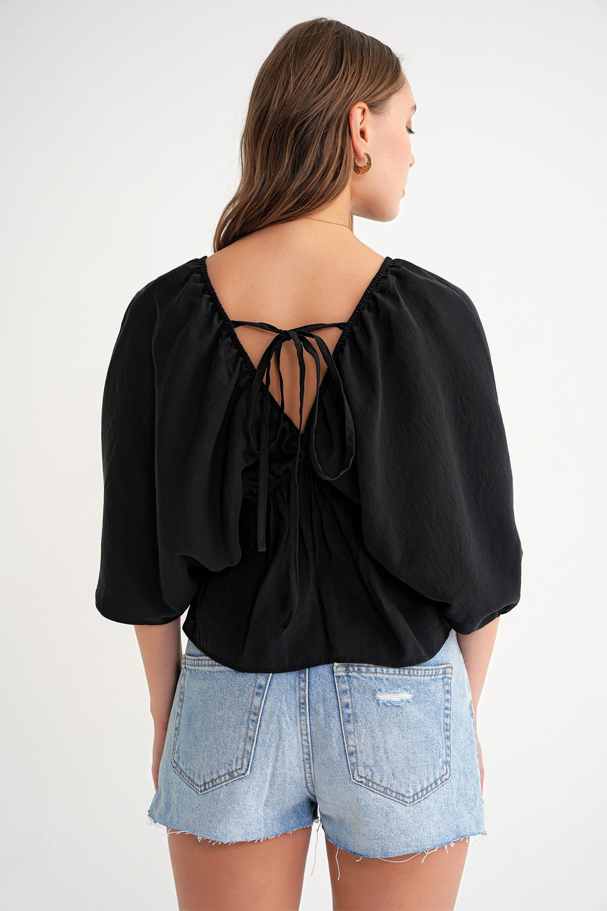 4703 Kadın V Yaka Lastikli Modal Bluz Siyah