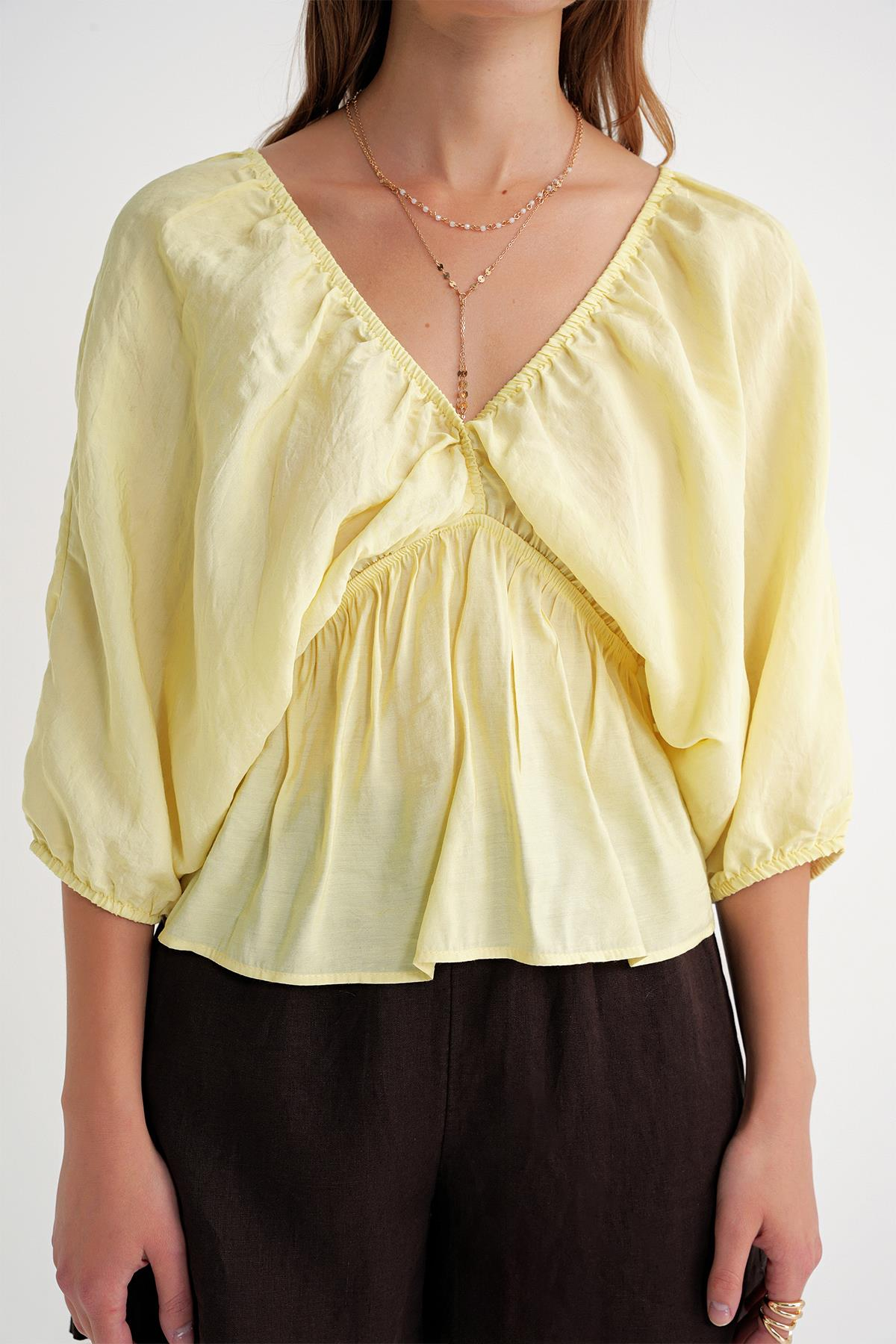 4703 Kadın V Yaka Lastikli Modal Bluz Sarı