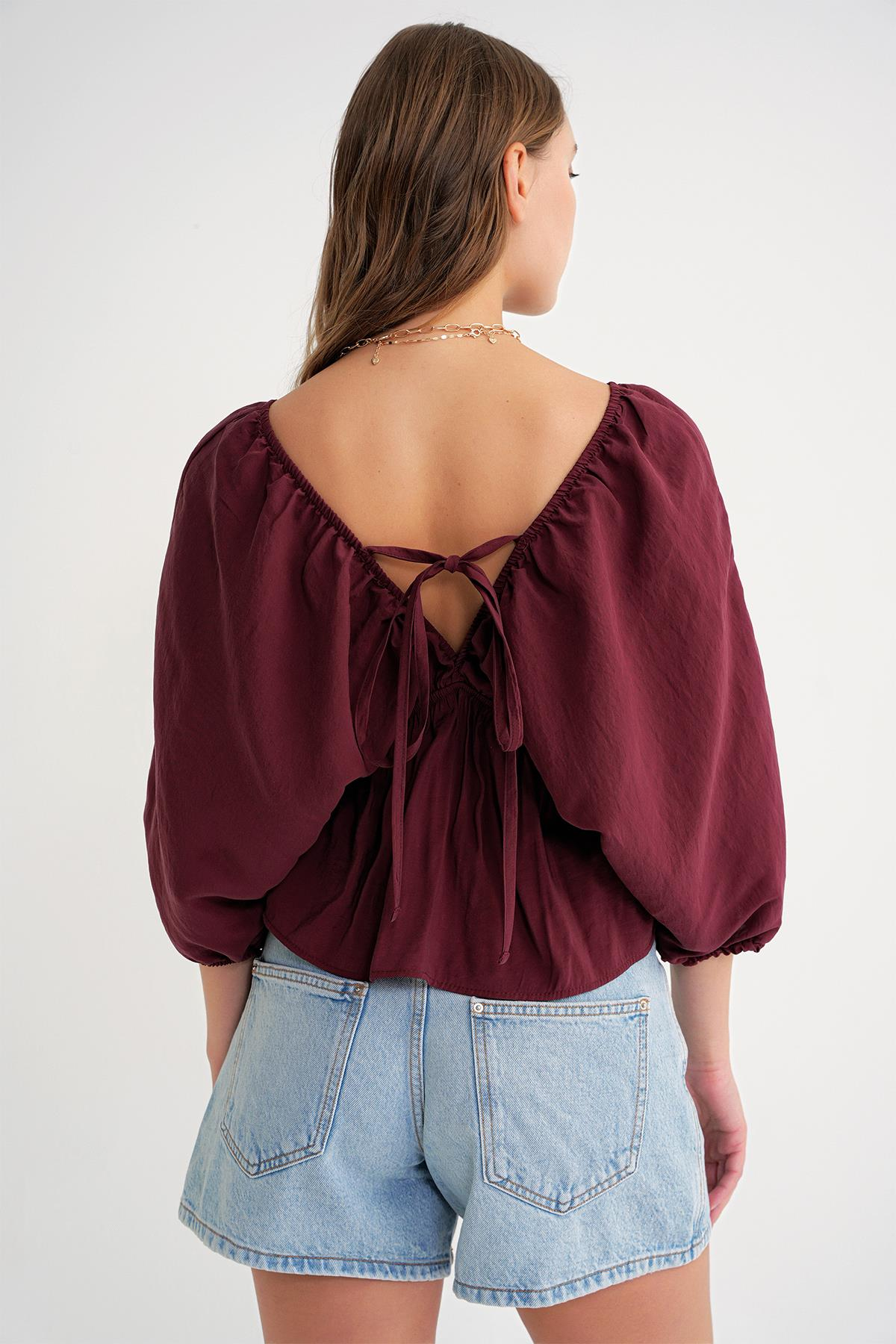 4703 Kadın V Yaka Lastikli Modal Bluz Bordo