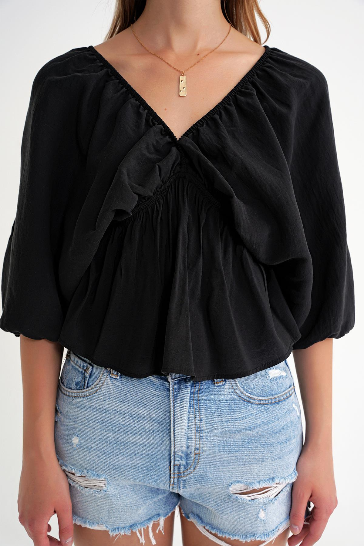 4703 Kadın V Yaka Lastikli Modal Bluz Siyah
