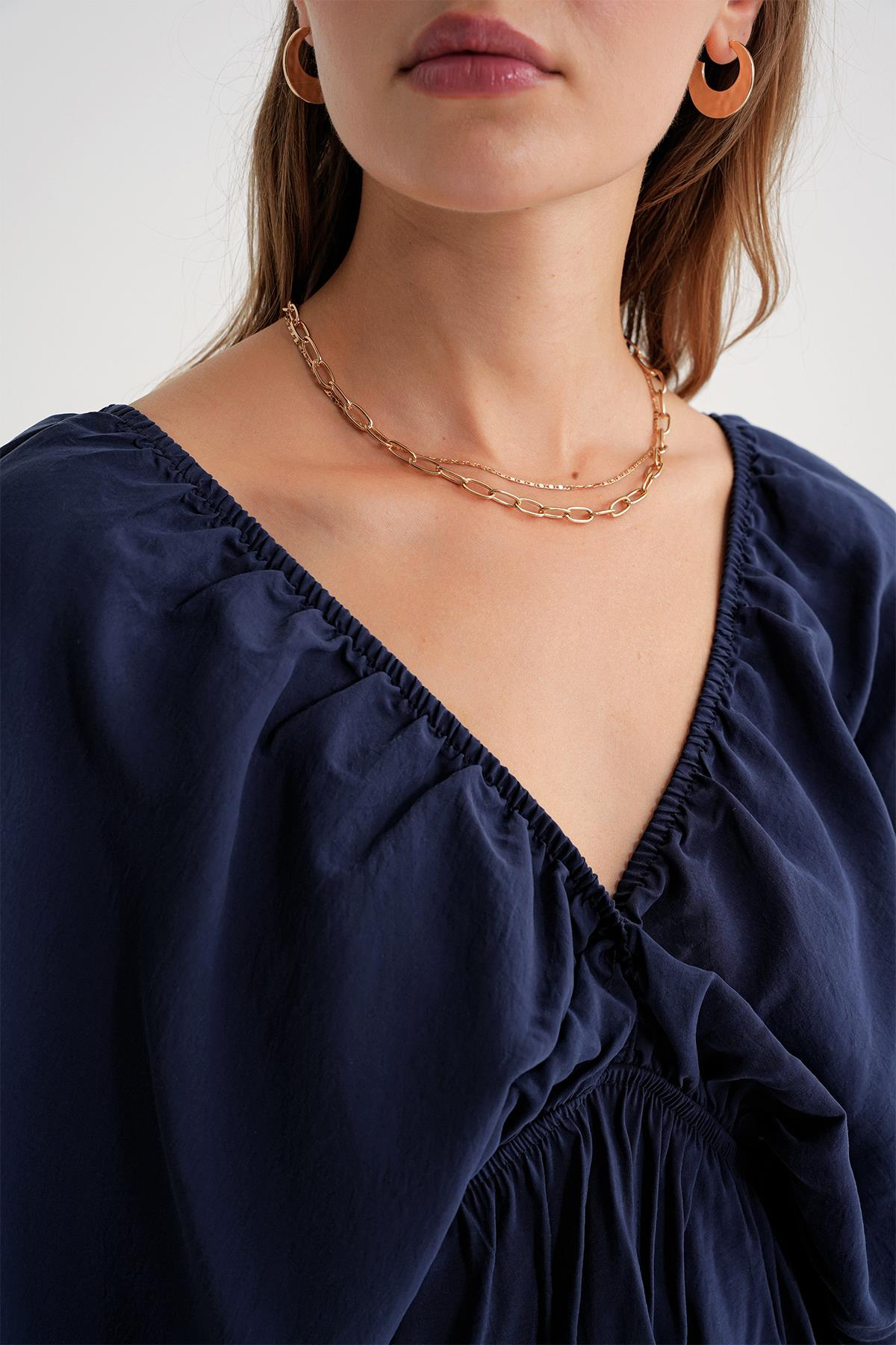 4703 Kadın V Yaka Lastikli Modal Bluz Lacivert