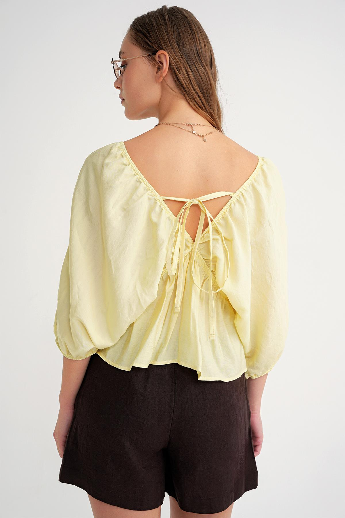 4703 Kadın V Yaka Lastikli Modal Bluz Sarı