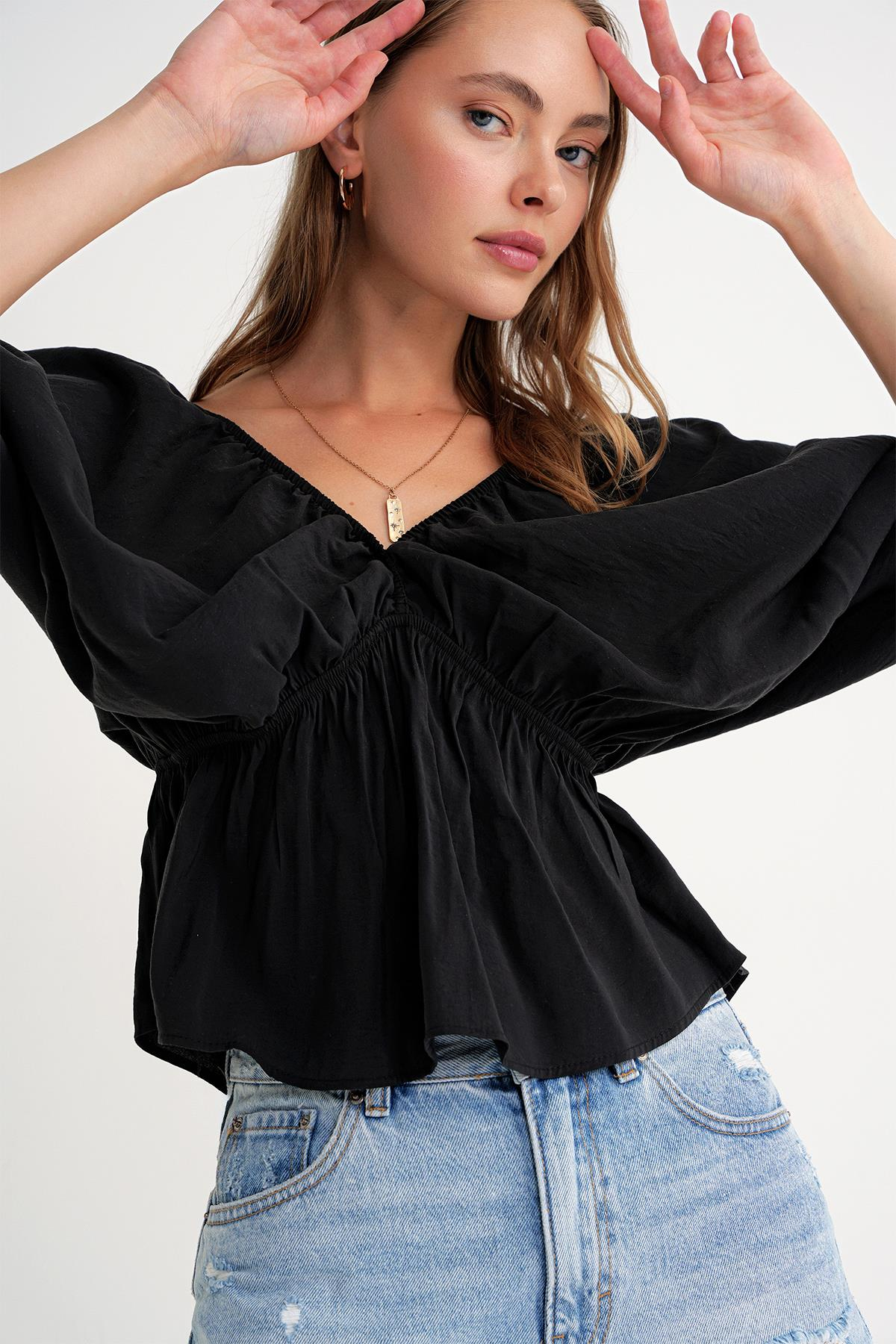 4703 Kadın V Yaka Lastikli Modal Bluz Siyah