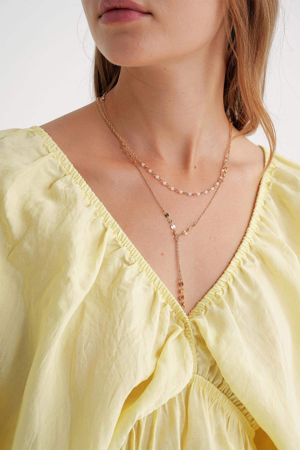 4703 Kadın V Yaka Lastikli Modal Bluz Sarı