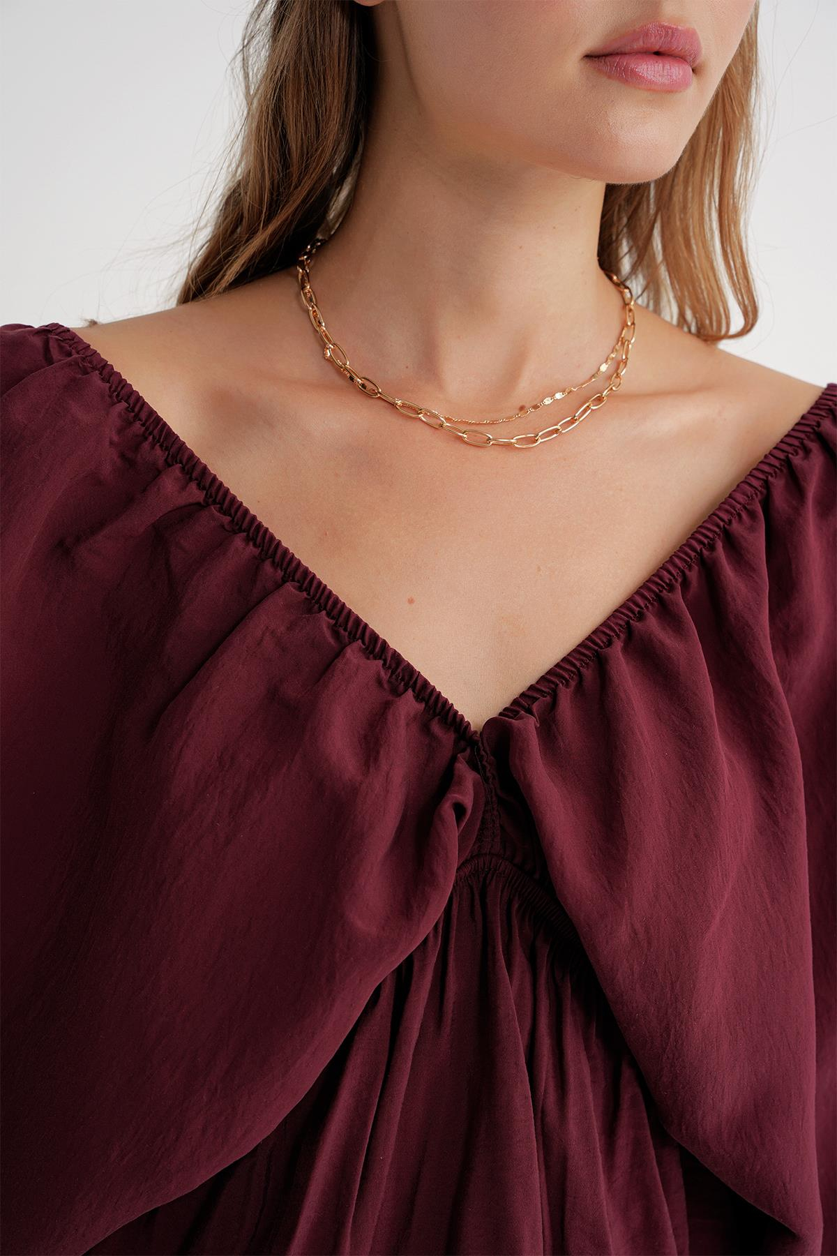 4703 Kadın V Yaka Lastikli Modal Bluz Bordo