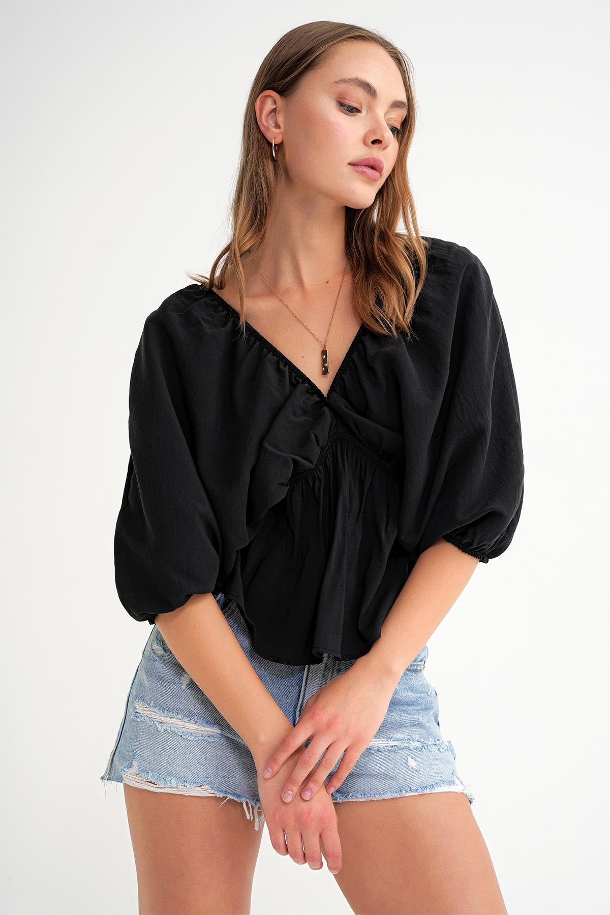 4703 Kadın V Yaka Lastikli Modal Bluz Siyah