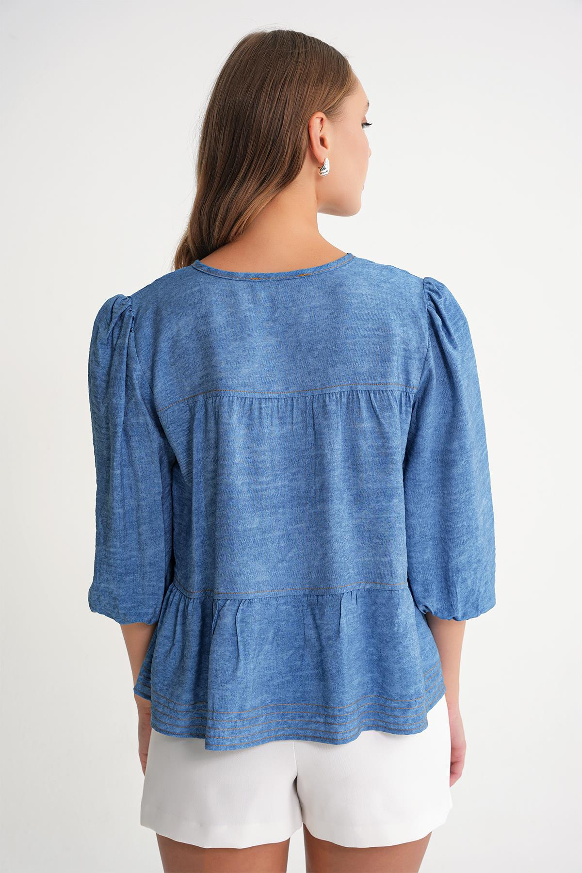 4704 Kadın Fırfırlı Balon Kol Kısa Denim Bluz Mavi