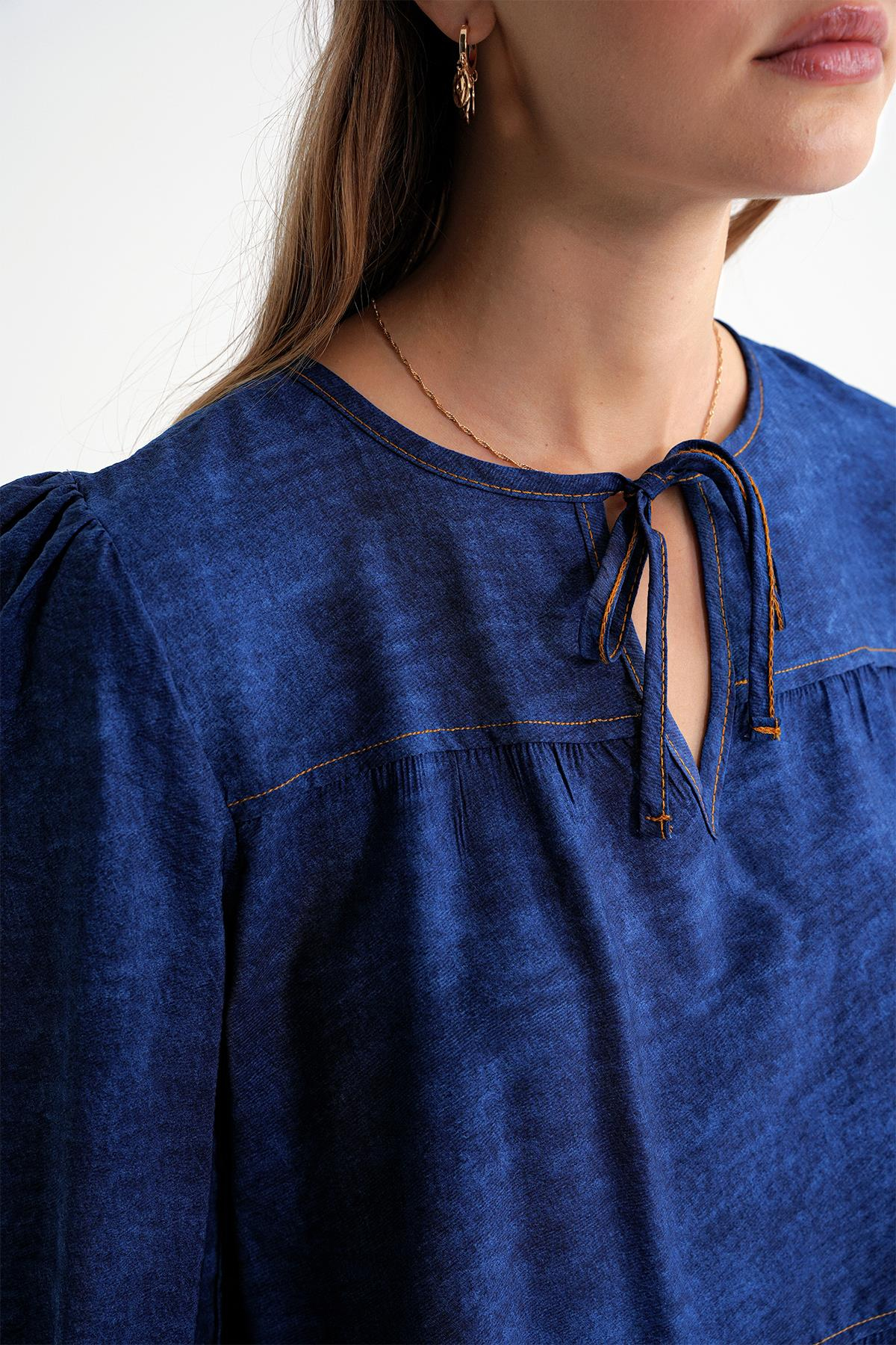 4704 Kadın Fırfırlı Balon Kol Kısa Denim Bluz Lacivert