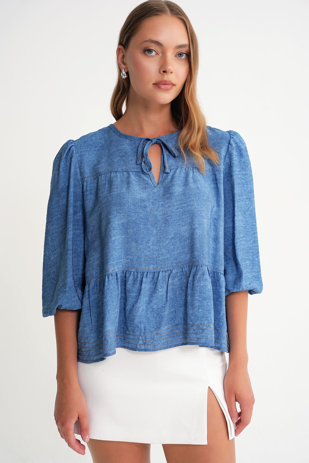 4704 Kadın Fırfırlı Balon Kol Kısa Denim Bluz Mavi